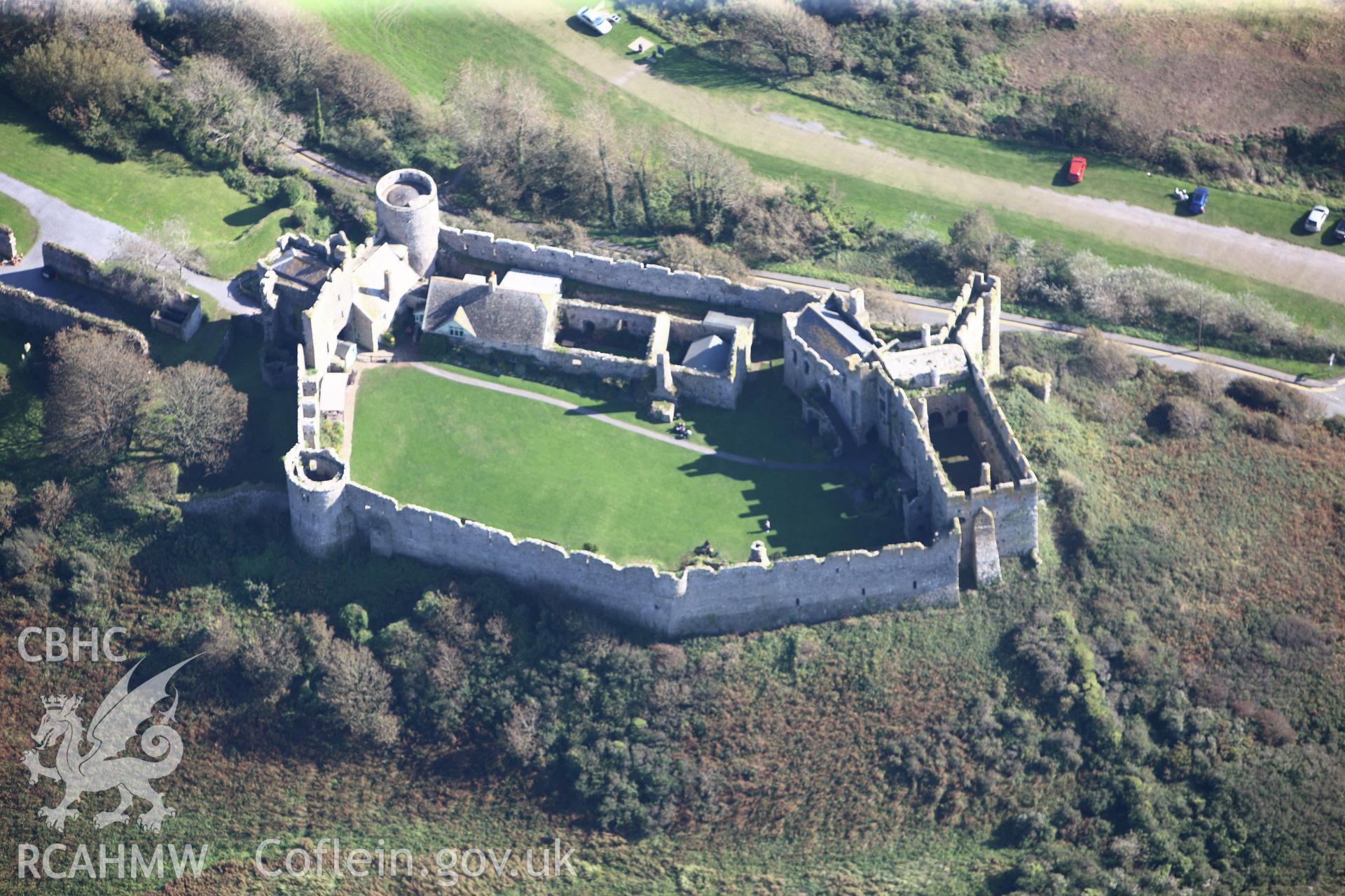RCAHMW colour oblique photograph of Manorbier Castle, viewed from the north. Taken by Toby Driver and Oliver Davies on 28/09/2011.