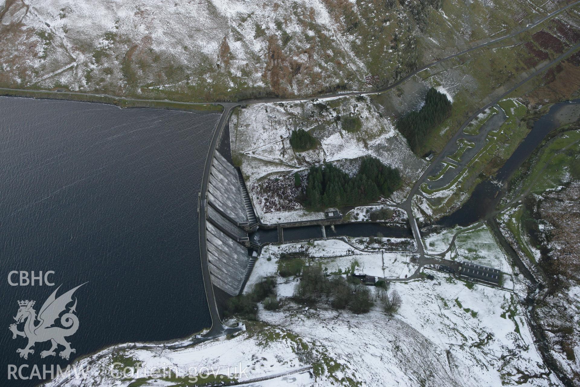 RCAHMW colour oblique photograph of Claerwen Dam, Elan Valley. Taken by Toby Driver on 18/12/2011.