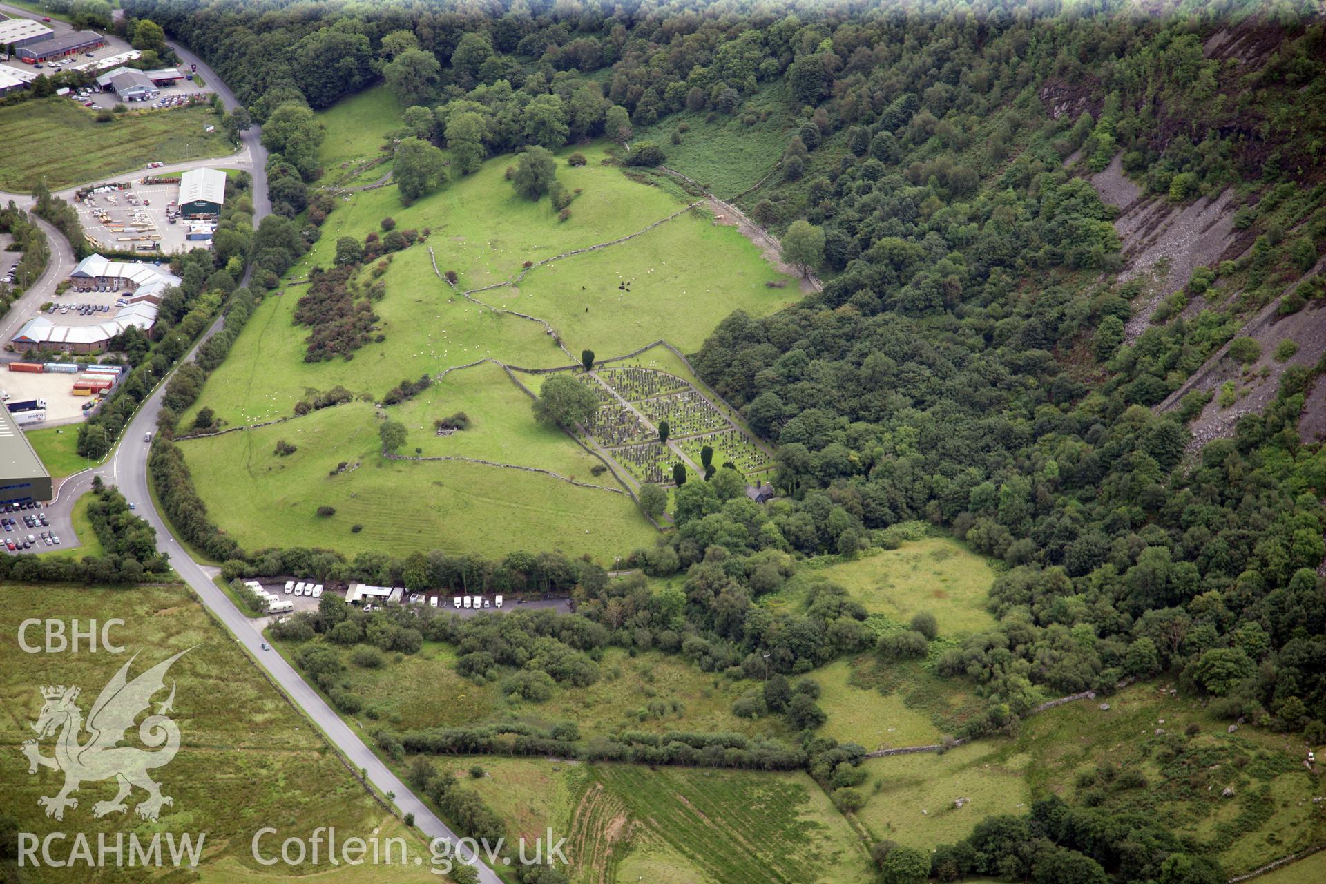 RCAHMW colour oblique photograph of Mortuary Chapels and Cemetery, Porthmadog. Taken by Toby Driver on 17/08/2011.