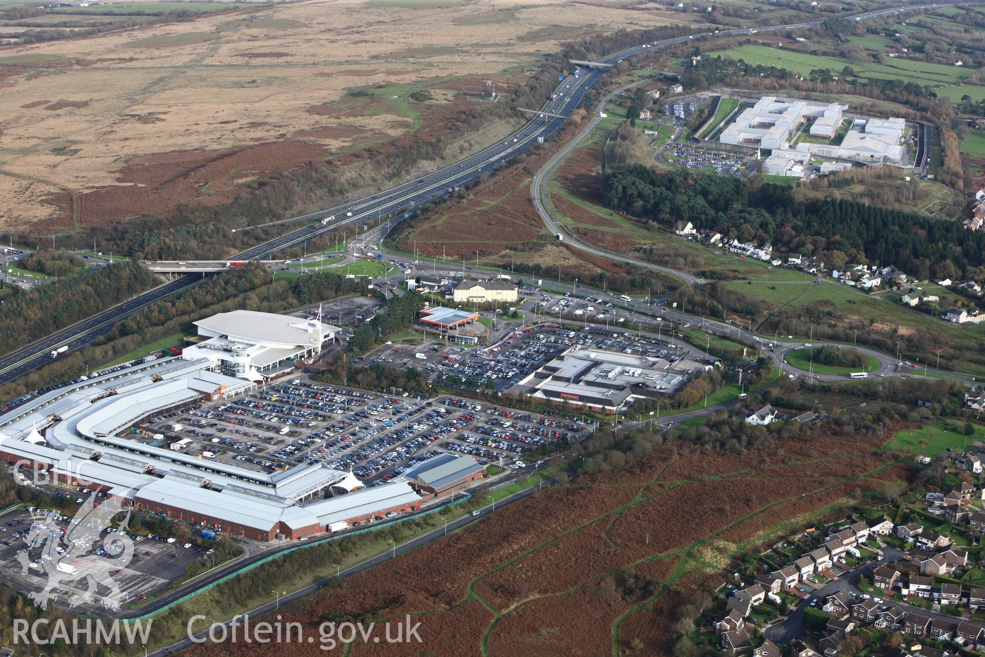 RCAHMW colour oblique photograph of Bridgend Designer Outlet, Bridgend. Taken by Toby Driver on 17/11/2011.