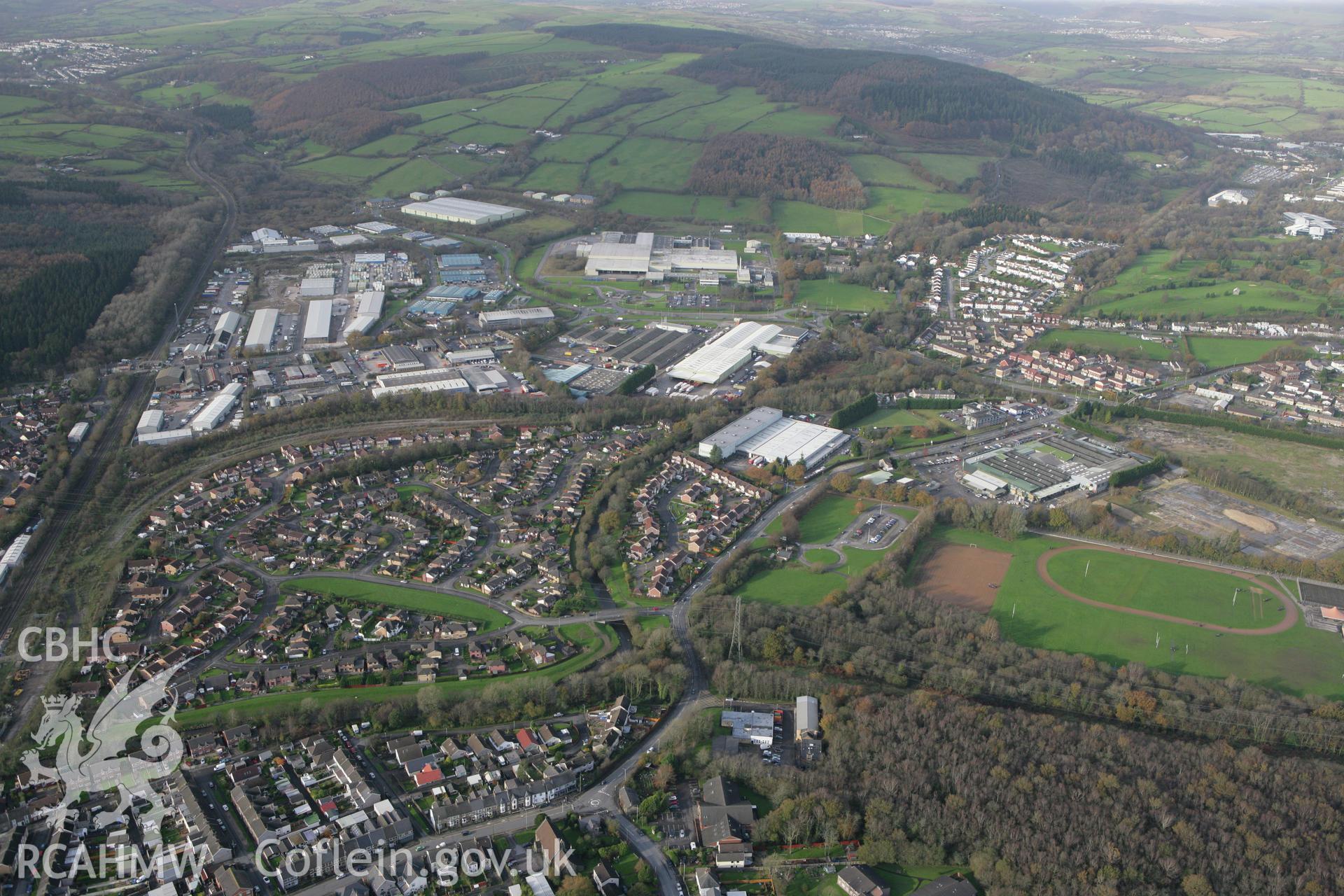 RCAHMW colour oblique photograph of Pontyclun, from the south-east. Taken by Toby Driver on 17/11/2011.