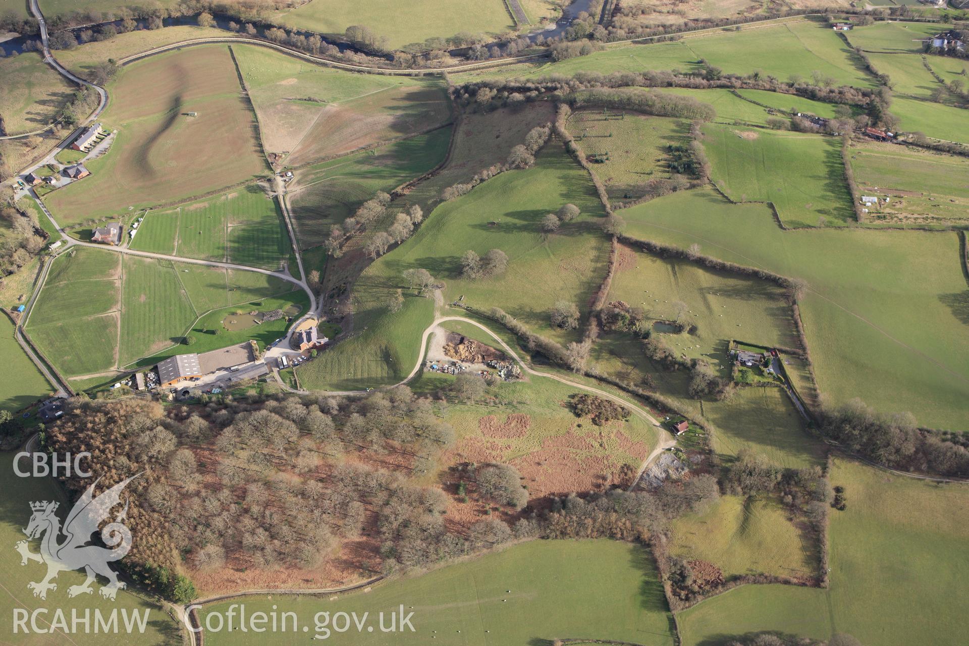 RCAHMW colour oblique photograph of Neuadd-Fraith, Aberbechan. Taken by Toby Driver on 22/03/2011.
