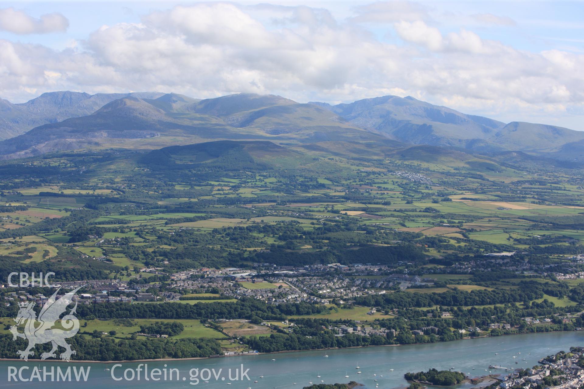 RCAHMW colour oblique photograph of Pont Britannia and Menai Strait, landscape from north-east. Taken by Toby Driver on 20/07/2011.