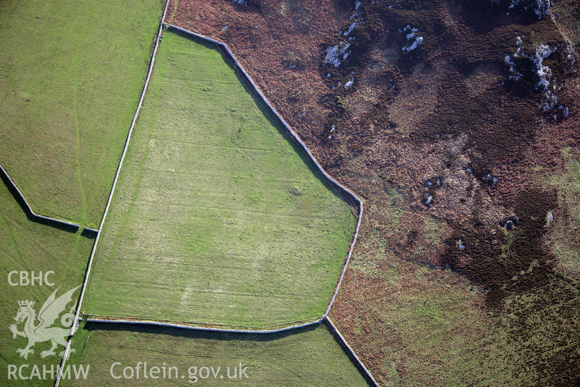 RCAHMW colour oblique photograph of field boundaries and Carn Ysgybor relict field features, viewed from the north. Taken by O. Davies & T. Driver on 22/11/2013.