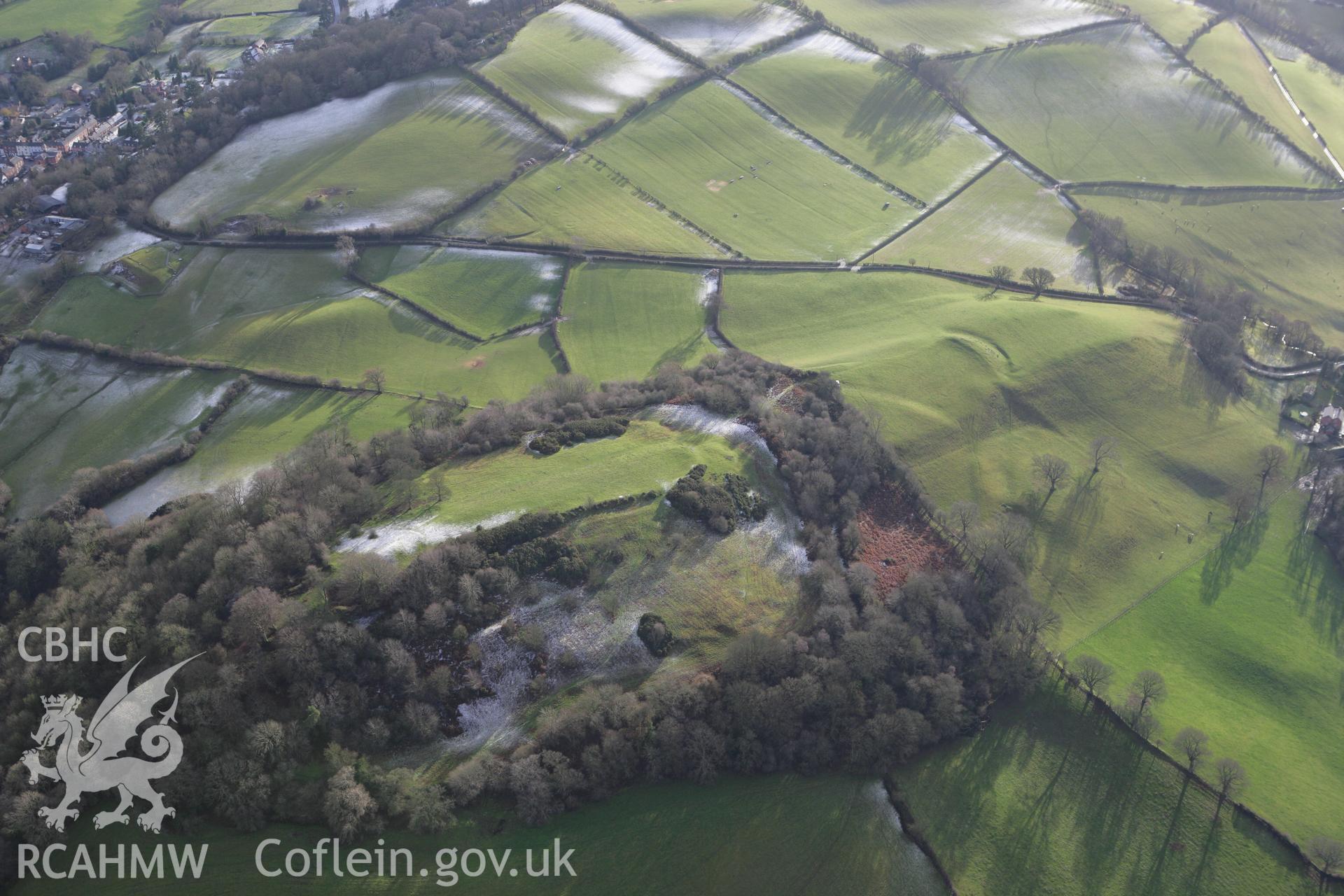 RCAHMW colour oblique photograph of Ffridd Faldwyn Hillfort, with frost, from north. Taken by Toby Driver on 18/12/2011.