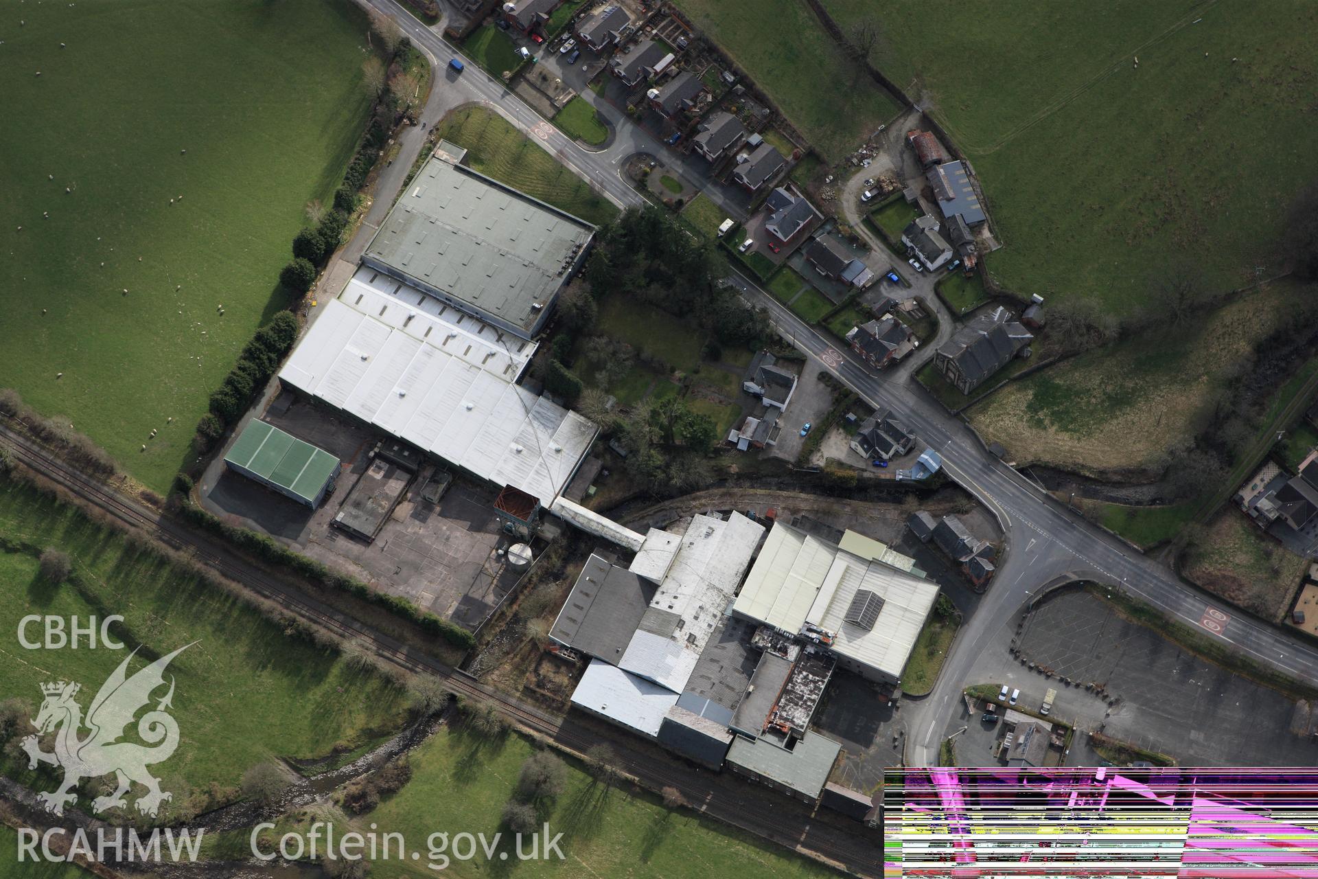 RCAHMW colour oblique photograph of Laura Ashley Factory, Carno. Taken by Toby Driver on 22/03/2011.