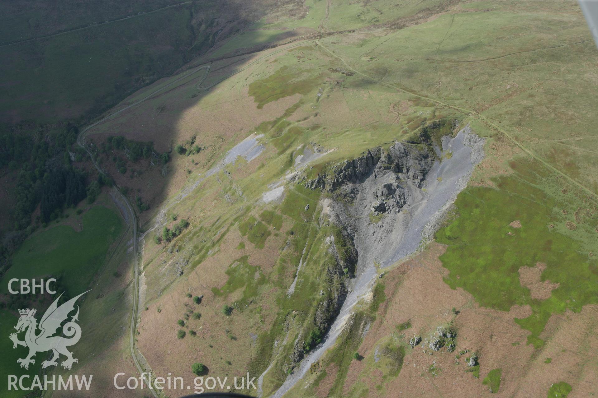 RCAHMW colour oblique photograph of Craig-y-mwyn Lead Mine, Llanrhaedr-ym-Mochnant. Taken by Toby Driver on 03/05/2011.