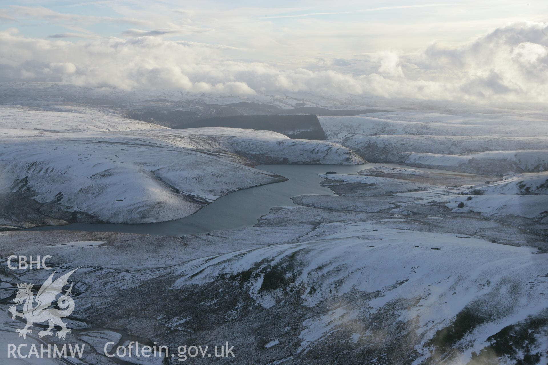 RCAHMW colour oblique photograph of Craig Goch Reservoir, view from north-west. Taken by Toby Driver on 18/12/2011.