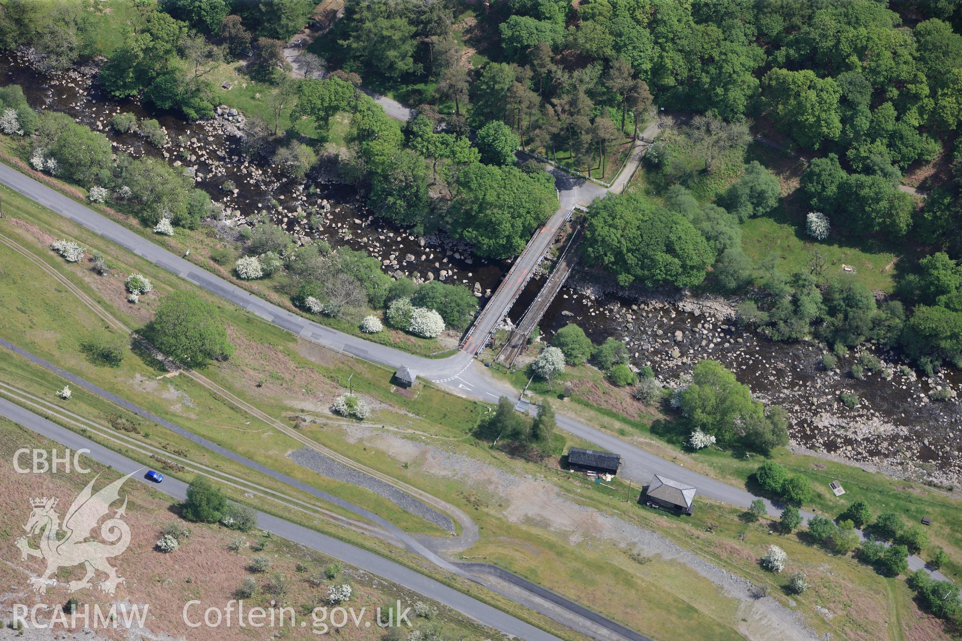 RCAHMW colour oblique photograph of  Elan Village suspension bridge. Taken by Toby Driver on 28/05/2012.