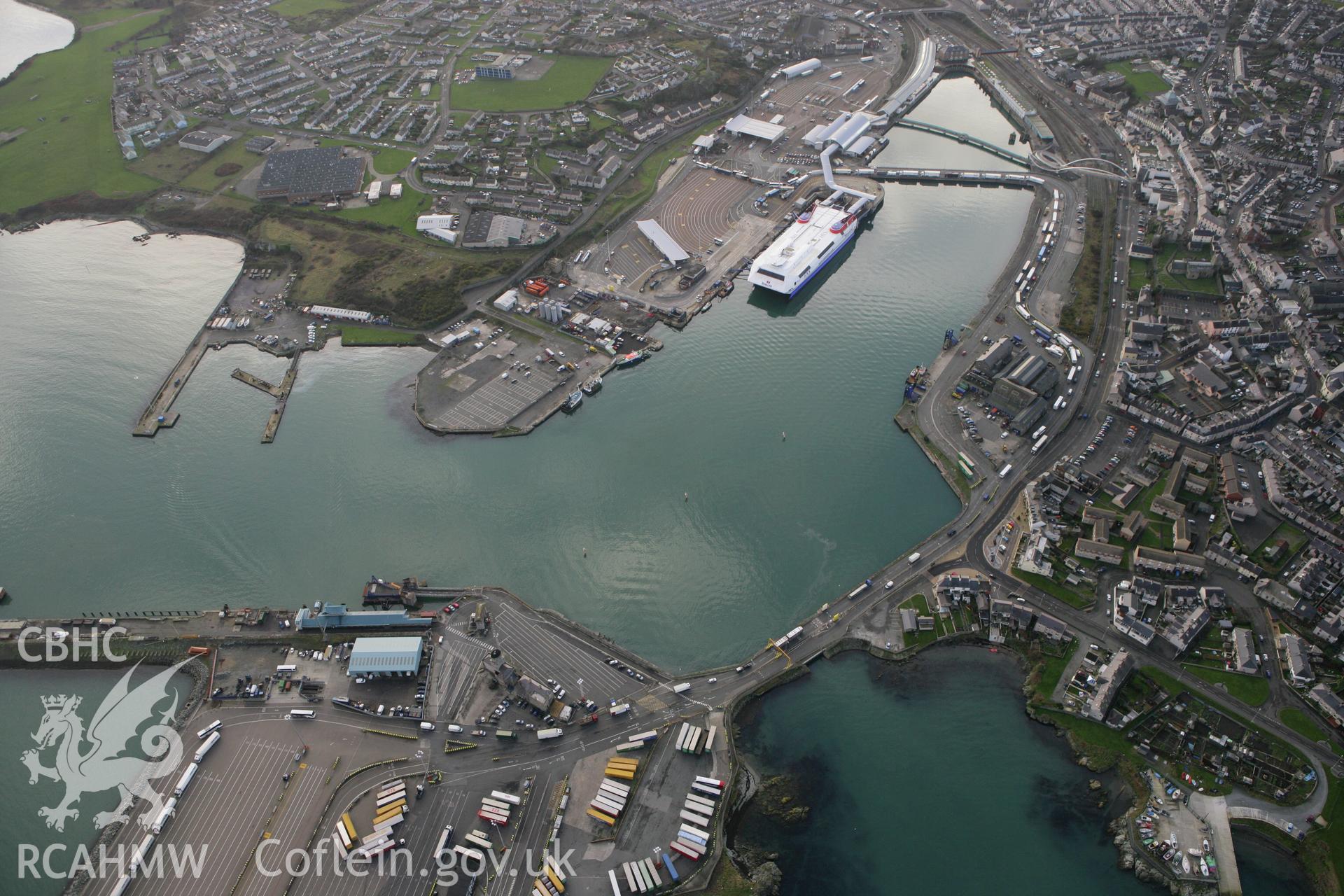 RCAHMW colour oblique photograph of Holyhead Harbour Ferry Terminal. Taken by Toby Driver on 13/01/2012.
