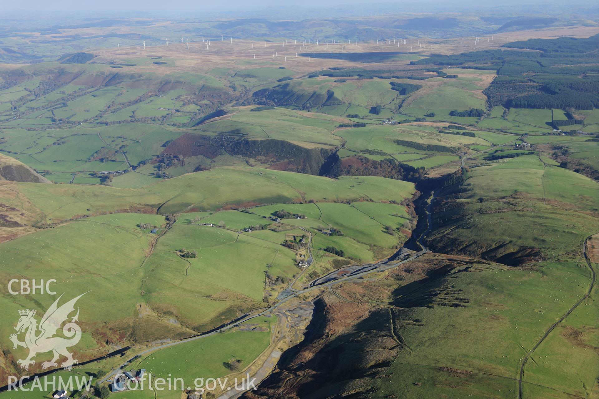 RCAHMW colour oblique photograph of Dylife Lead Mines, and village, looking east. Taken by Toby Driver on 05/11/2012.