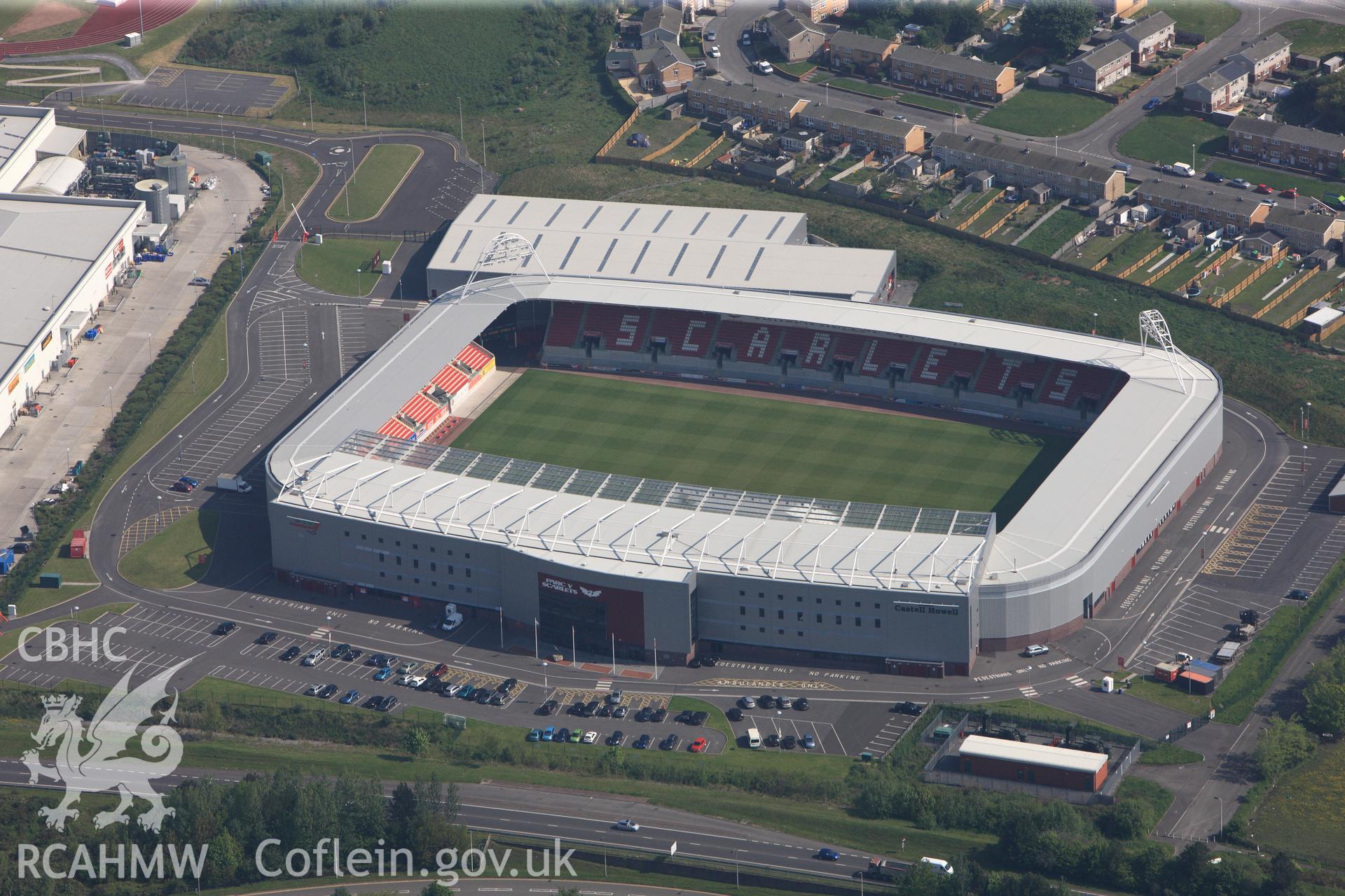 RCAHMW colour oblique photograph of Close view of Parc y Scarlets, looking north east. Taken by Toby Driver on 24/05/2012.