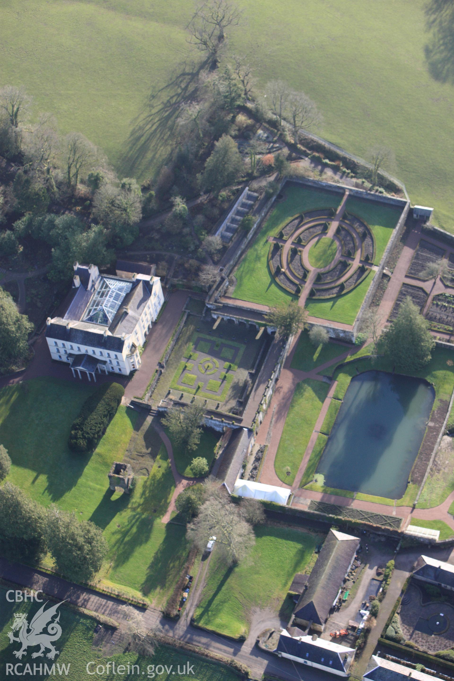 RCAHMW colour oblique photograph of Aberglasney House. Taken by Toby Driver on 27/01/2012.