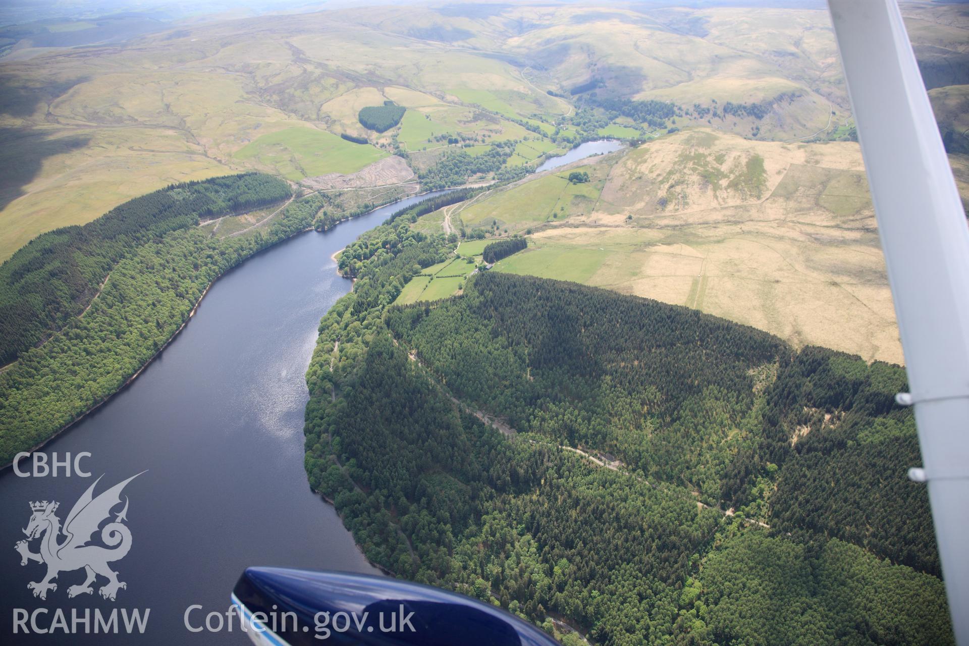 RCAHMW colour oblique photograph of Long View: Caban Coch Resevoir, Elan Valley Water Scheme. Taken by Toby Driver on 28/05/2012.