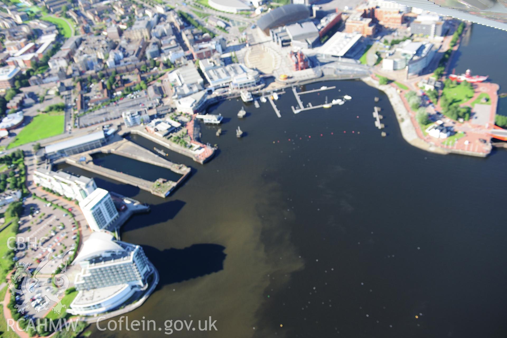 RCAHMW colour oblique photograph of Cardiff Bay, general view from west with St Davids Hotel. Taken by Toby Driver on 24/07/2012.