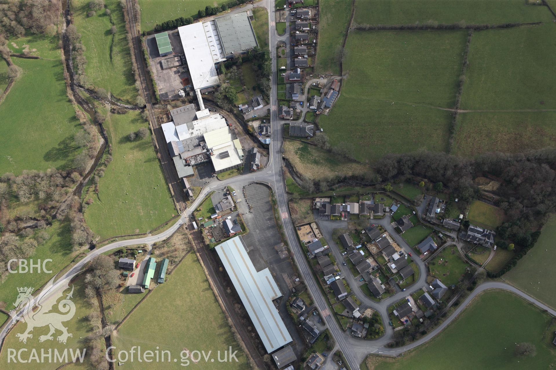 RCAHMW colour oblique photograph of Laura Ashley Factory, Carno. Taken by Toby Driver on 22/03/2011.