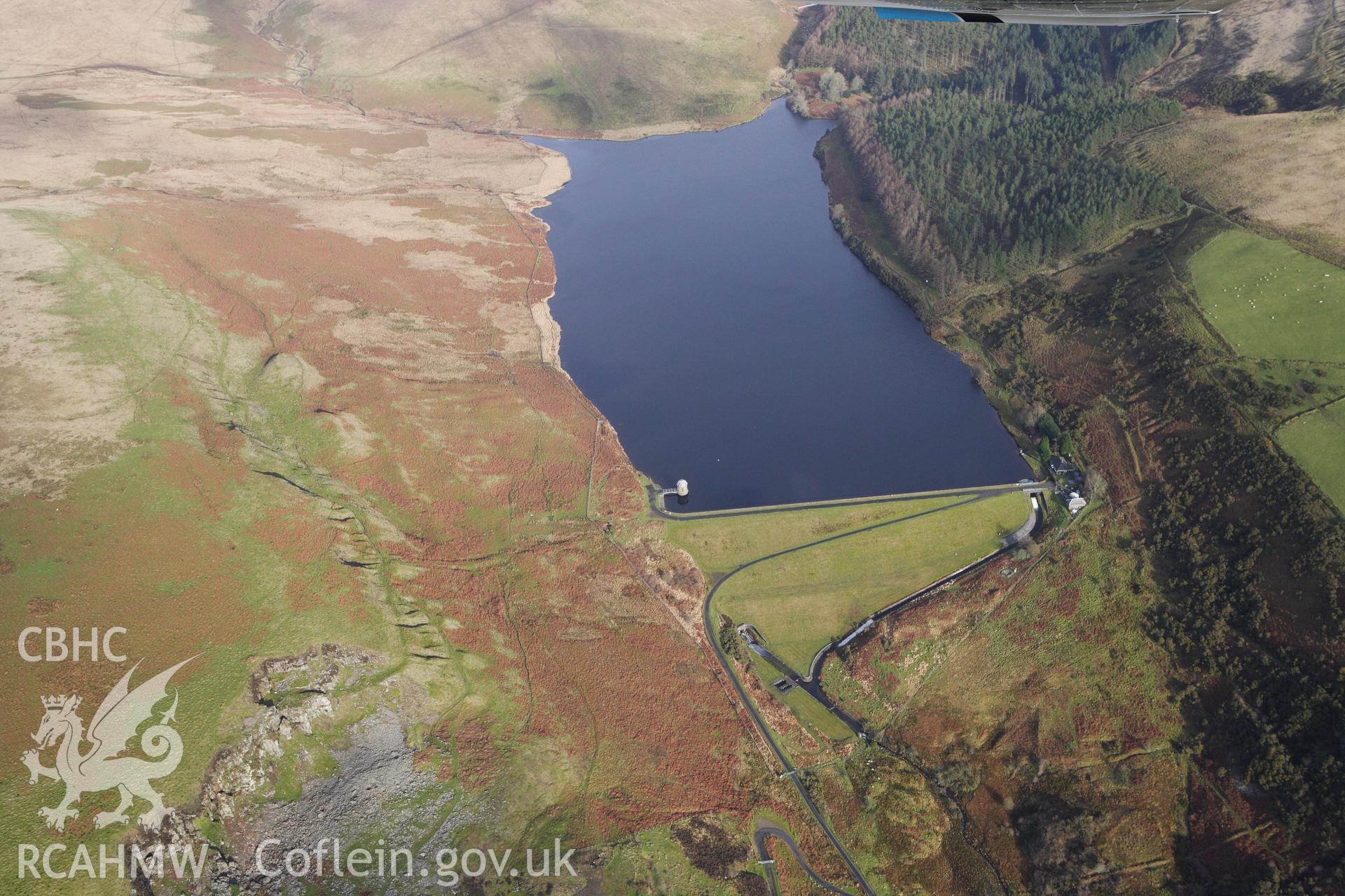 RCAHMW colour oblique photograph of Upper Lliw reservoir, with the valve house. Taken by Toby Driver on 27/01/2012.