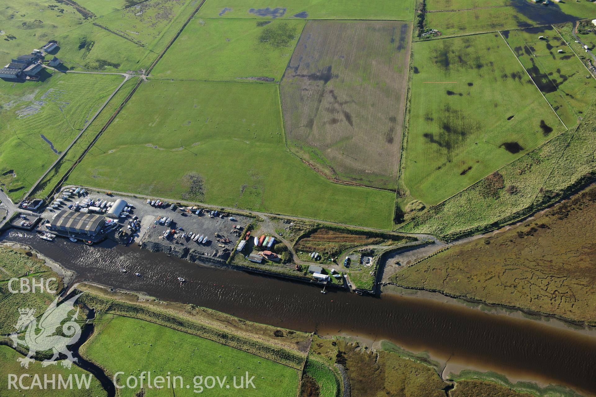 RCAHMW colour oblique photograph of Pont Aber Leri shipyard. Taken by Toby Driver on 05/11/2012.