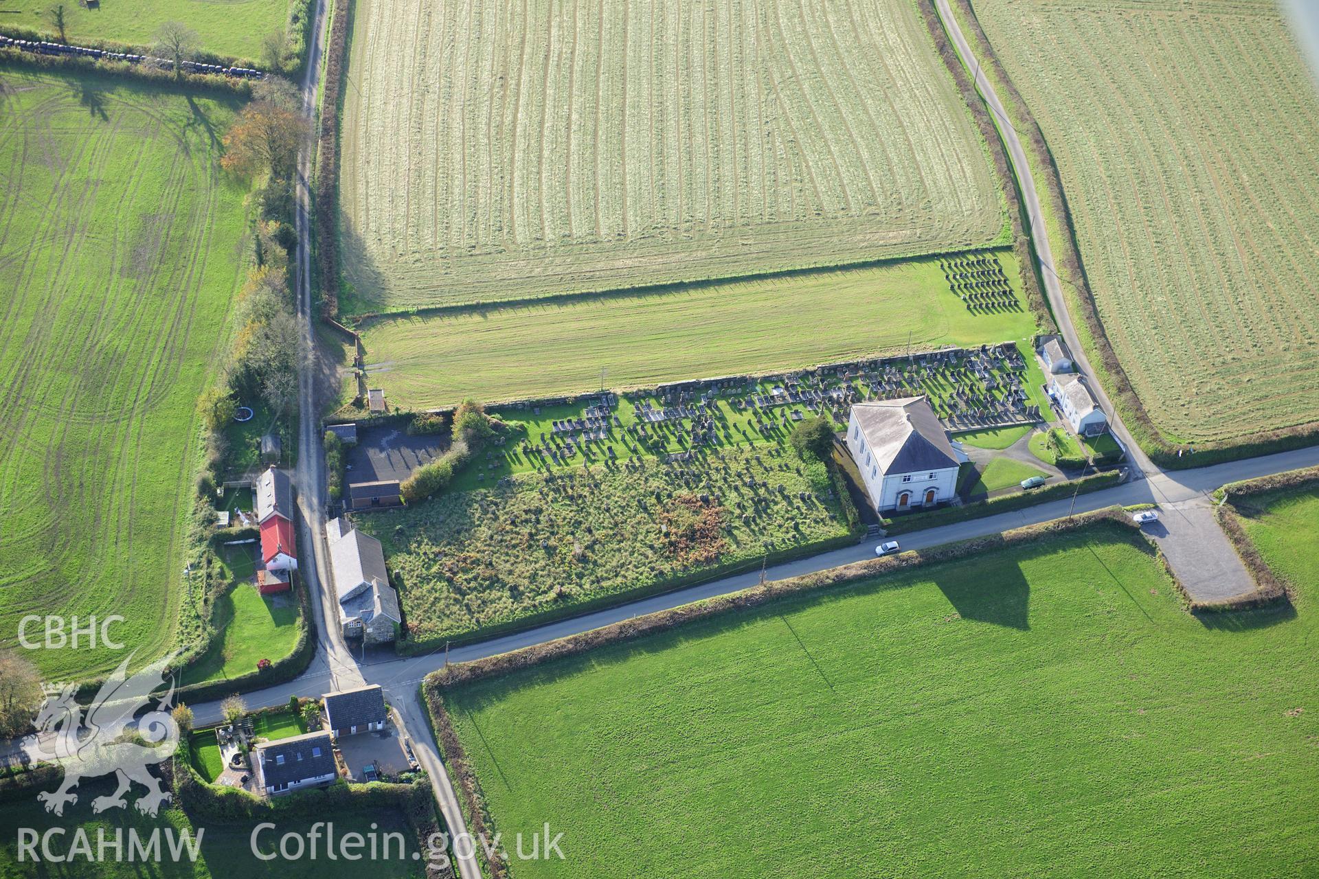 RCAHMW colour oblique photograph of Henllan Amgoed Congregational Chapel. Taken by Toby Driver on 26/10/2012.