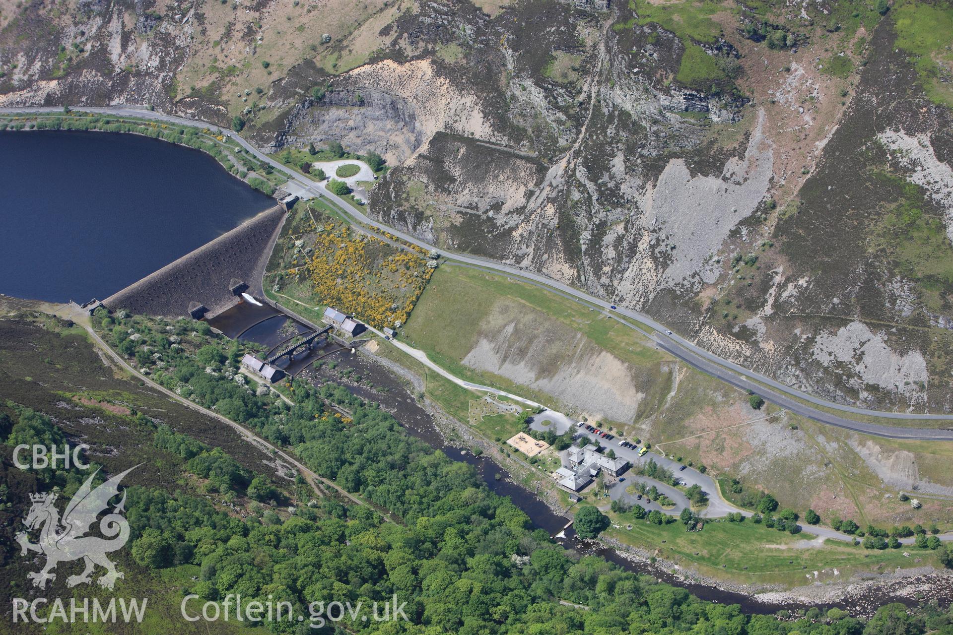 RCAHMW colour oblique photograph of Caban Coch Dam, Elan Valley Water Scheme. Taken by Toby Driver on 28/05/2012.