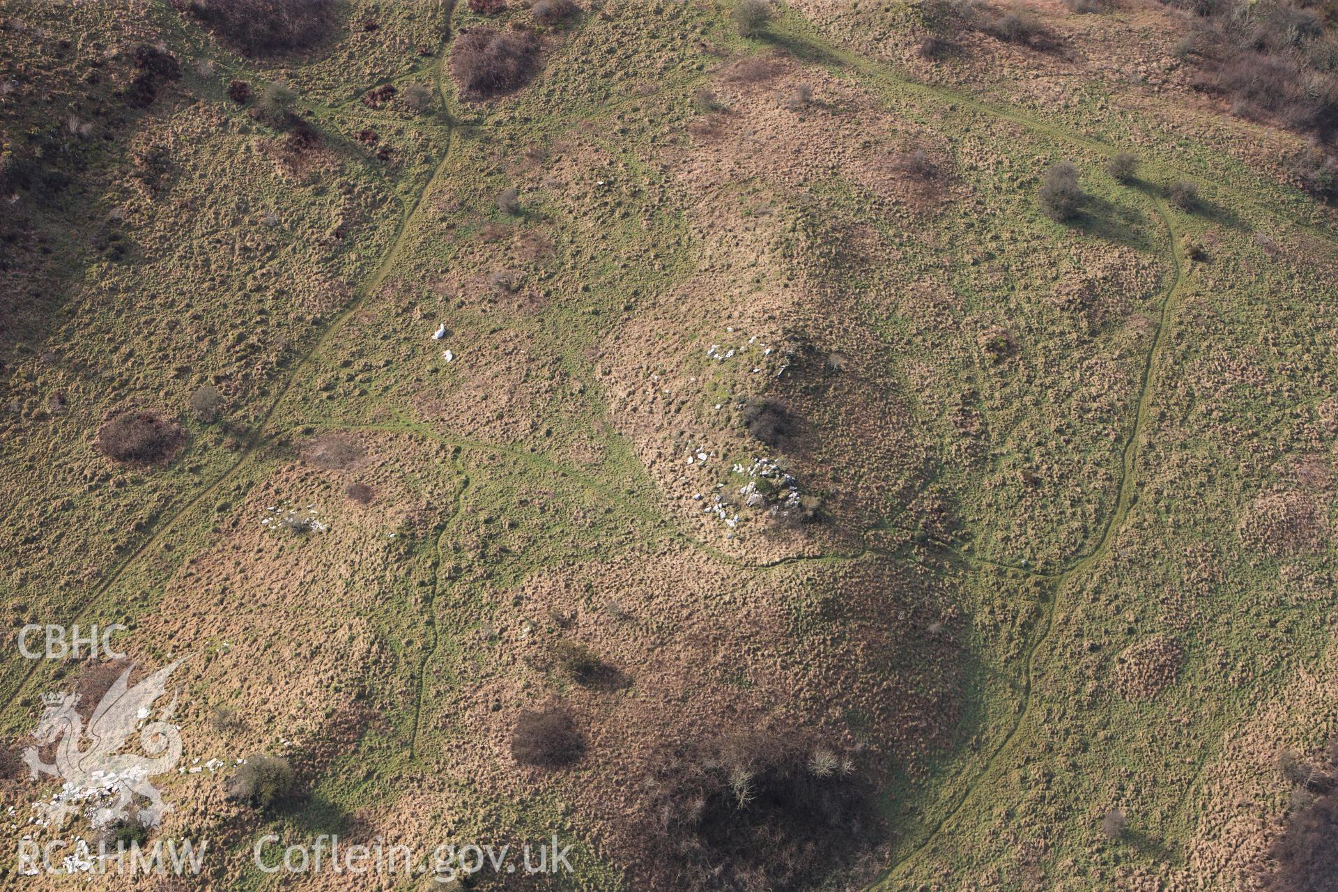 RCAHMW colour oblique photograph of Mynydd Llangyndeyrn, Round Cairns. Taken by Toby Driver on 27/01/2012.