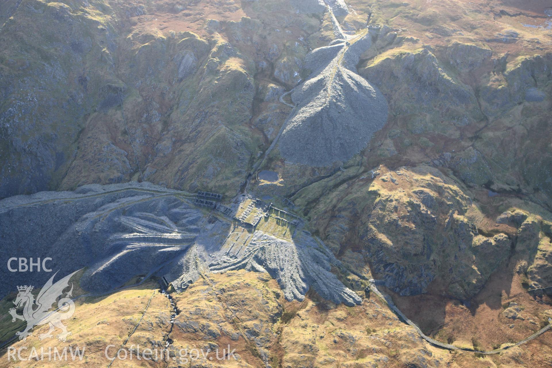 RCAHMW colour oblique photograph of Rhosydd slate quarry, Level 9 mill. Taken by Toby Driver on 13/01/2012.