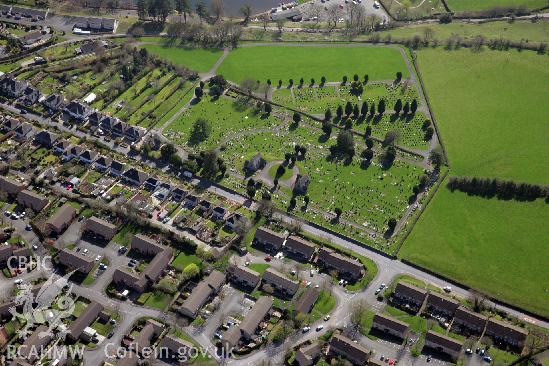 RCAHMW colour oblique photograph of Brecon cemetery. Taken by Toby Driver and Oliver Davies on 28/03/2012.