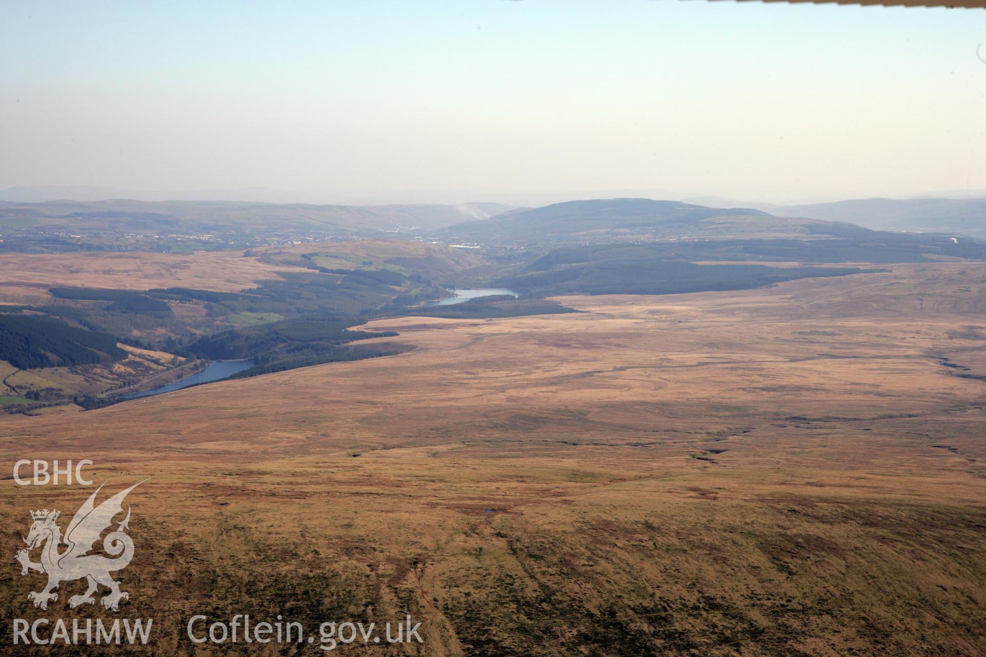 RCAHMW colour oblique photograph of Cantref Reservoir, landscape looking south. Taken by Toby Driver and Oliver Davies on 28/03/2012.