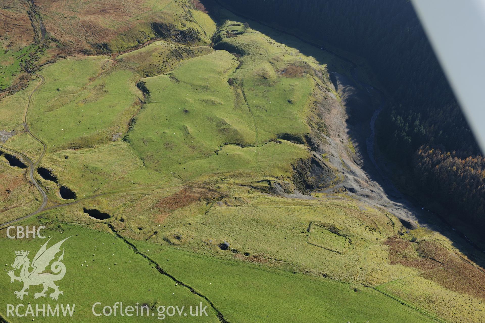 RCAHMW colour oblique photograph of Dyfngwm lead mine, and enclosure. Taken by Toby Driver on 05/11/2012.