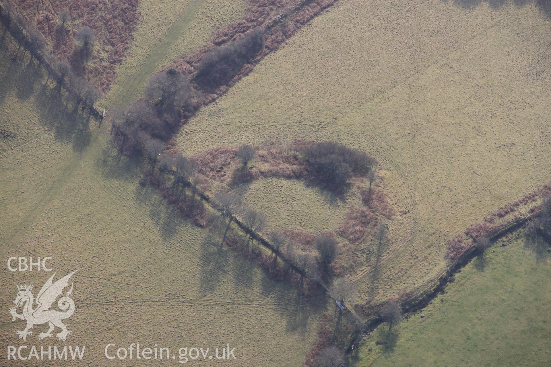 RCAHMW colour oblique photograph of Garreg Lwyd, defended enclosure. Taken by Toby Driver on 07/02/2012.