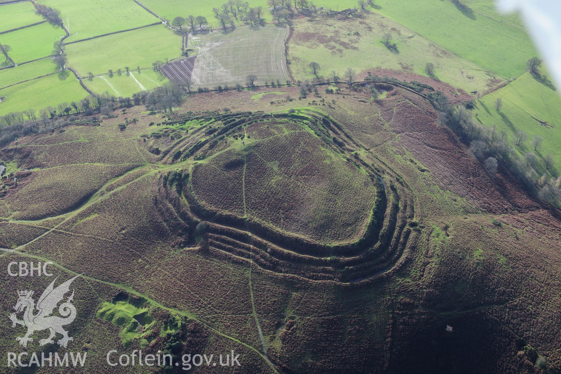 RCAHMW colour oblique photograph of Pen y Crug hillfort, in winter sun. Taken by Toby Driver on 23/11/2012.
