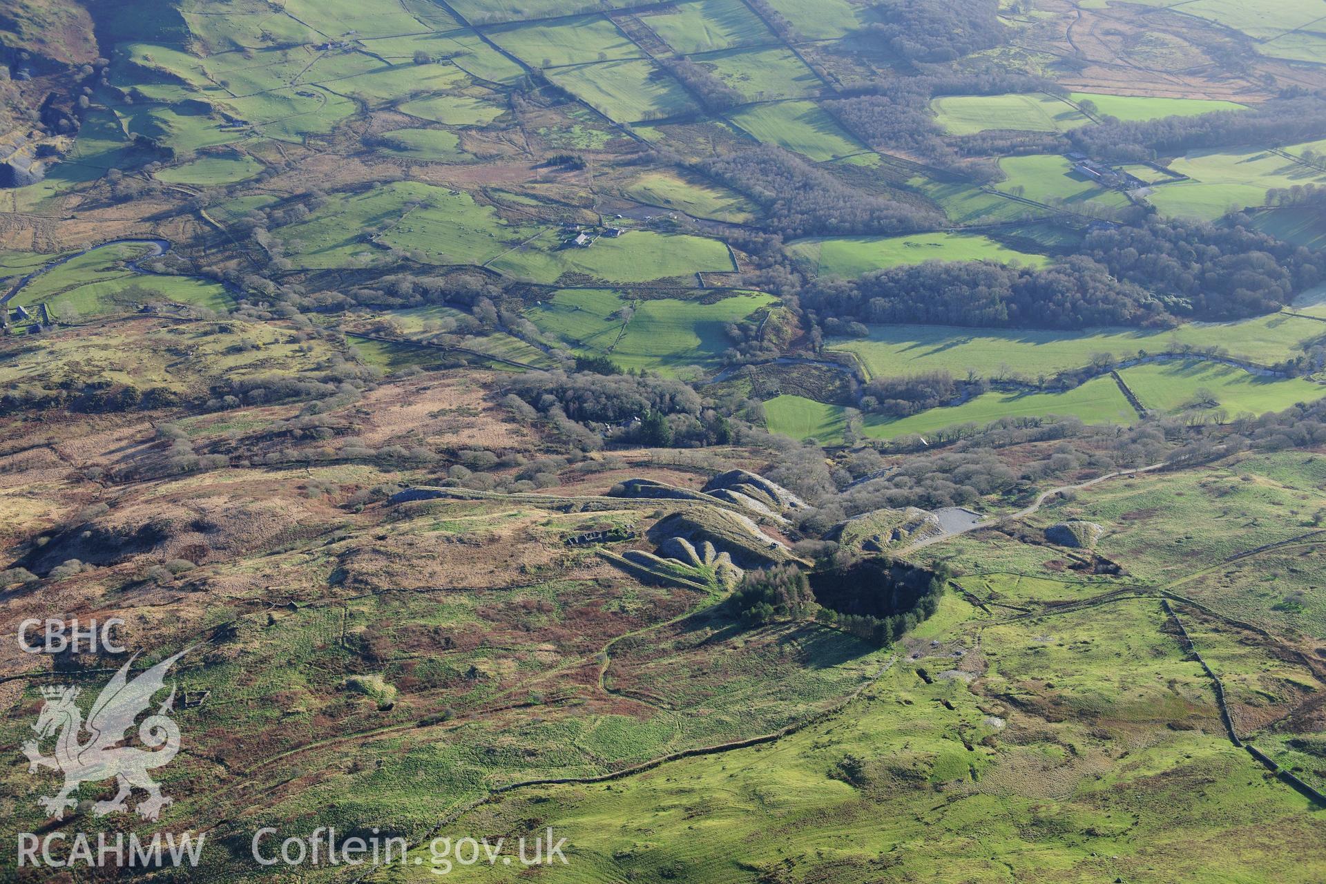 RCAHMW colour oblique photograph of Hendre Ddu slate quarry. Taken by Toby Driver on 10/12/2012.
