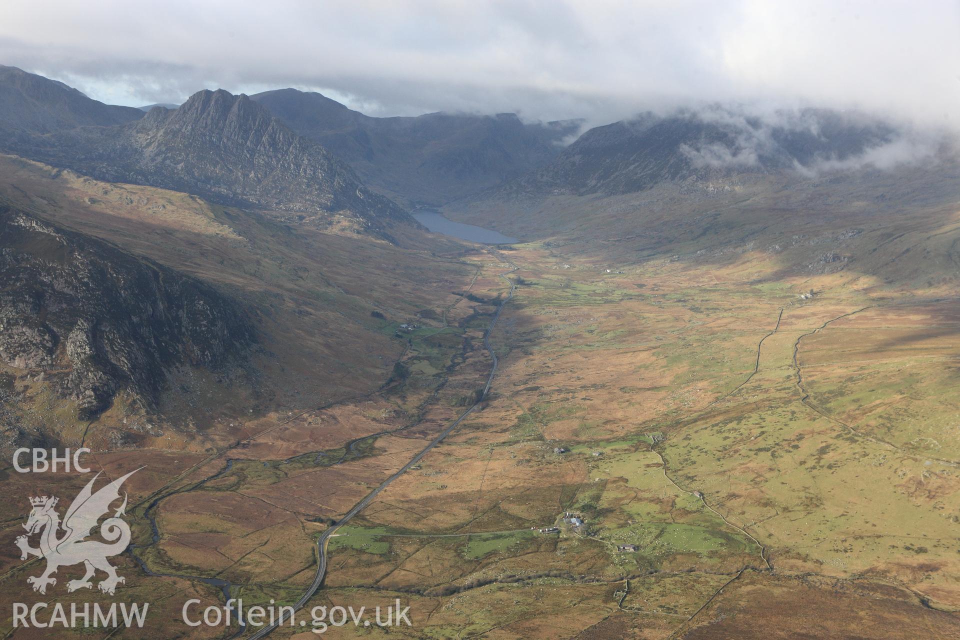 RCAHMW colour oblique photograph of Ogwen pass, towards Tryfan. Taken by Toby Driver on 13/01/2012.