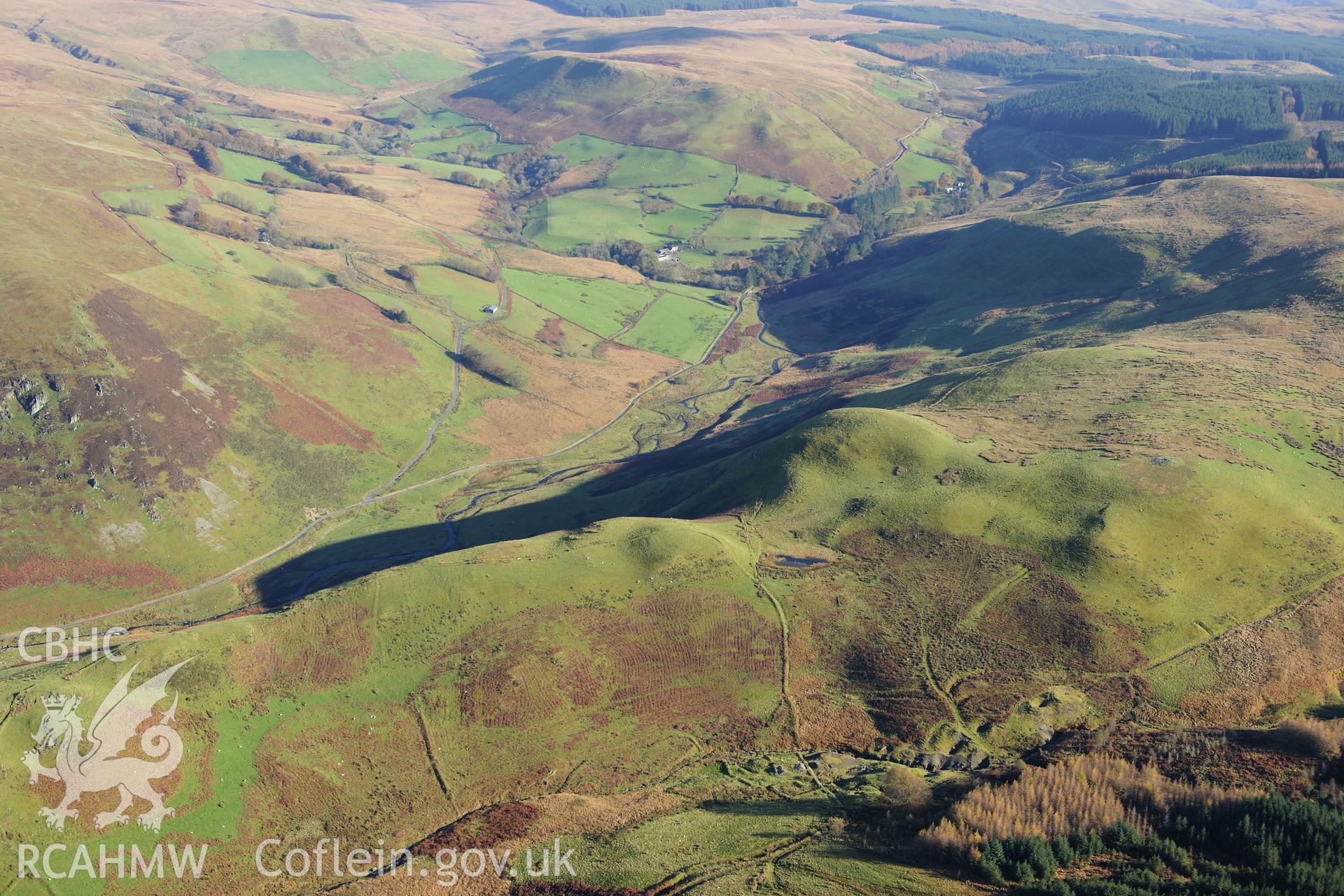 RCAHMW colour oblique photograph of Rhysgog Lead Mine, in winter sunshine. Taken by Toby Driver on 05/11/2012.