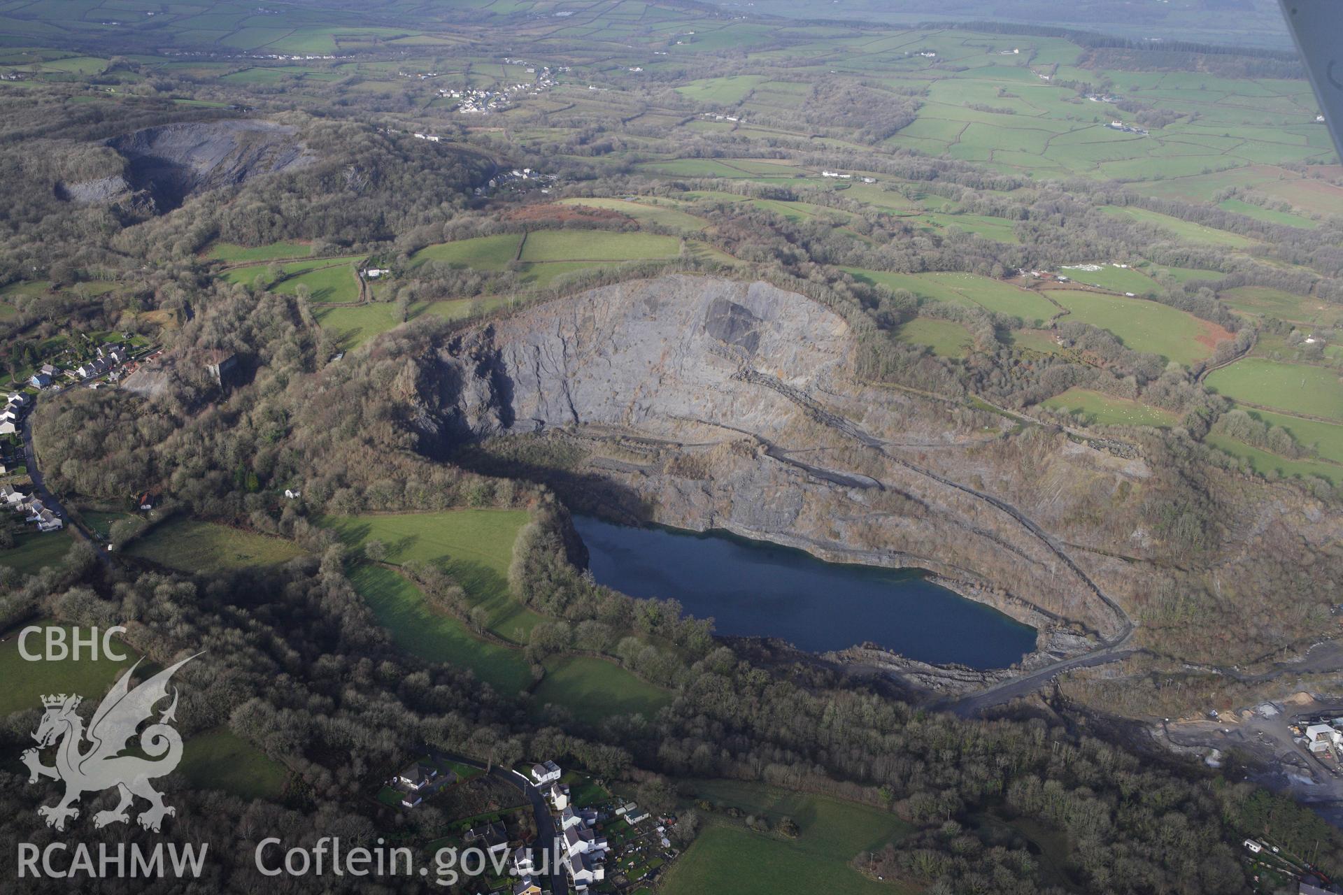 RCAHMW colour oblique photograph of Cil-yr-ychen Quarry and Lime Works. Taken by Toby Driver on 27/01/2012.
