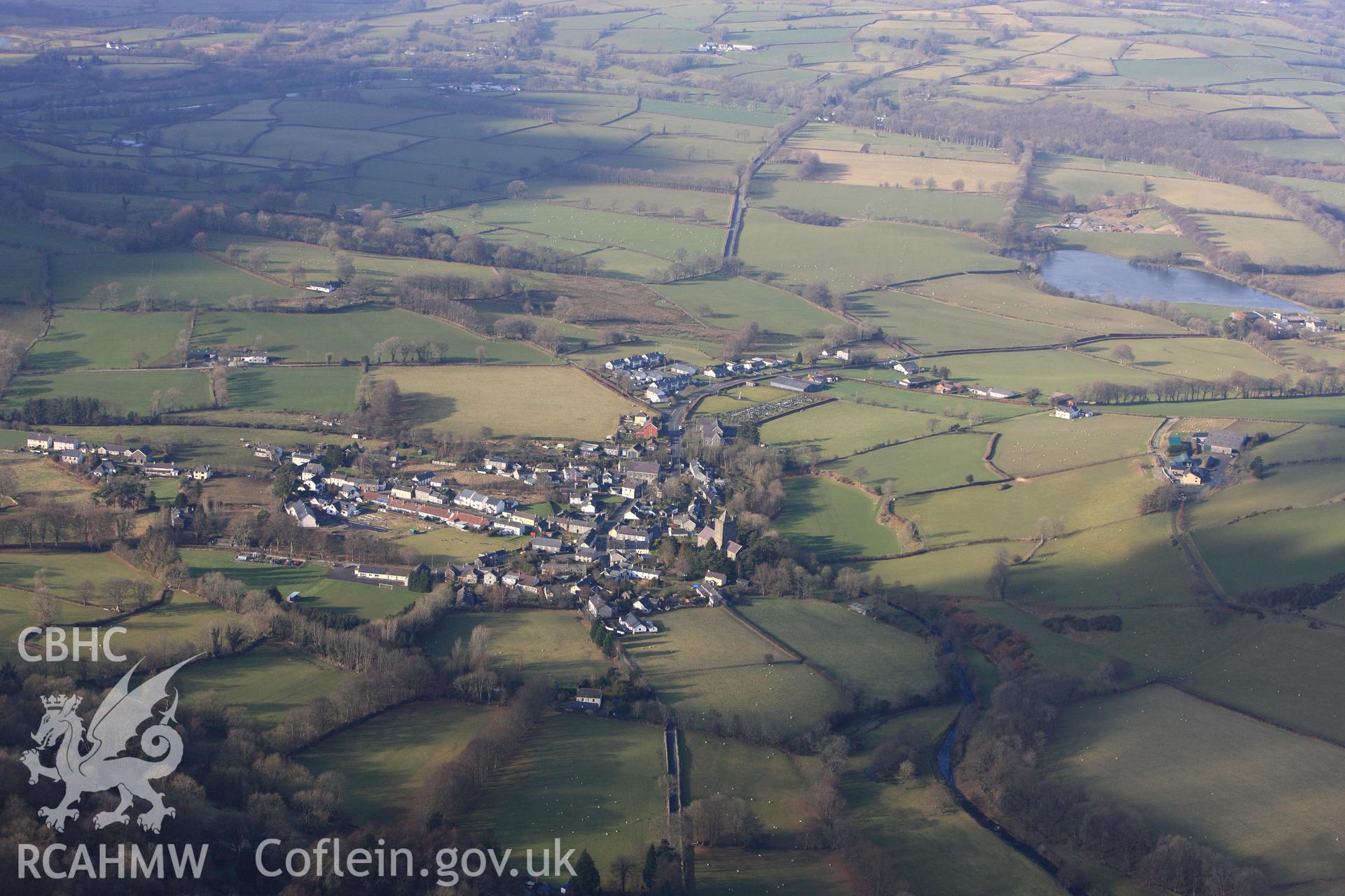 RCAHMW colour oblique photograph of Llanddewi Brefi, View from South. Taken by Toby Driver on 07/02/2012.