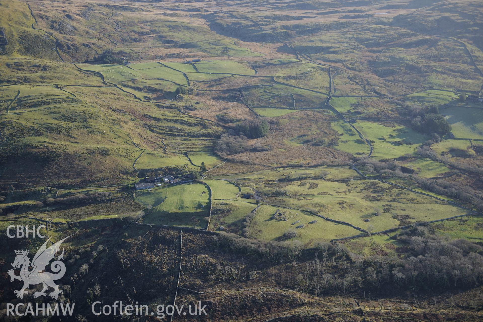 RCAHMW colour oblique photograph of Moel y Glo, homestead and burnt mound, distant view from the west. Taken by Toby Driver on 10/12/2012.