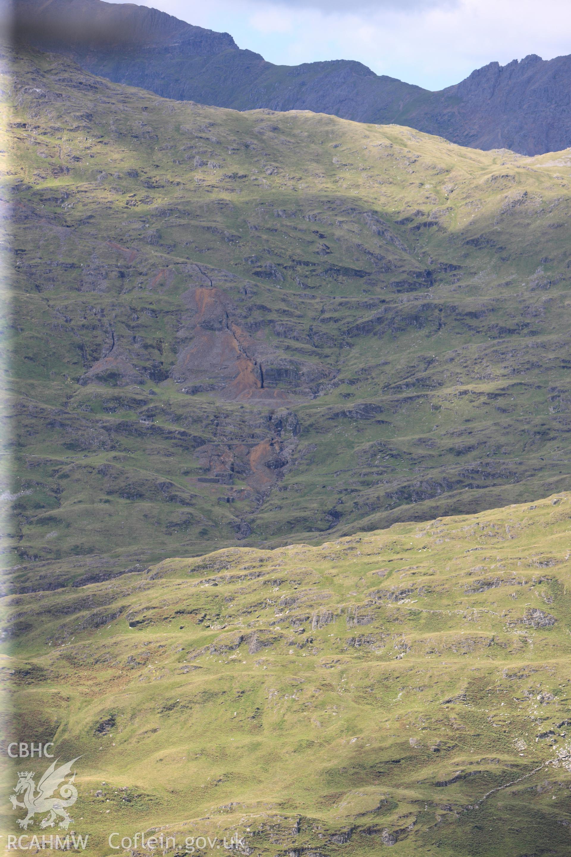 RCAHMW colour oblique photograph of Cwm Erch copper mine, viewed from the south-east. Taken by Toby Driver on 10/08/2012.
