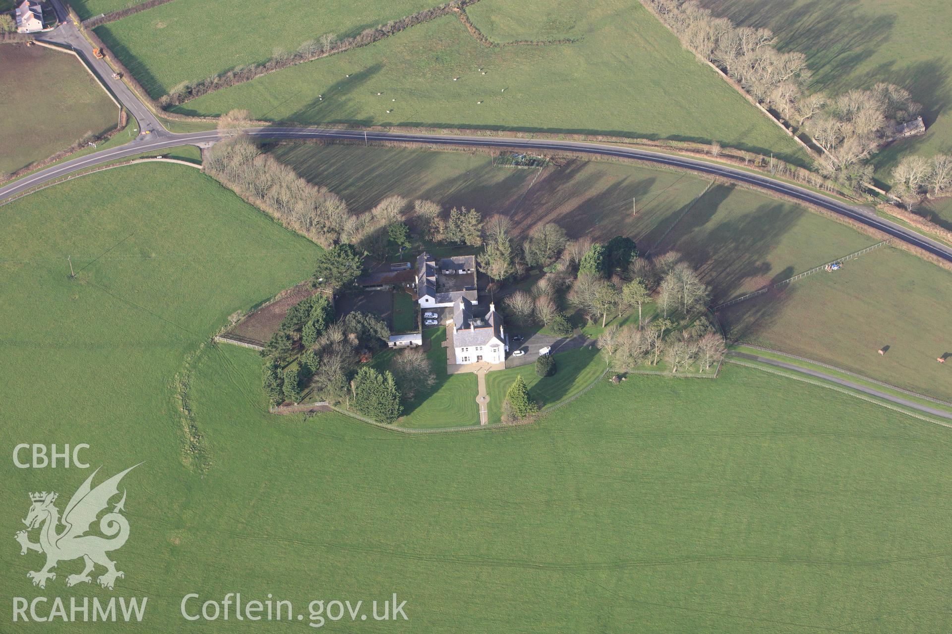 RCAHMW colour oblique photograph of Bryngwyn Hall. Taken by Toby Driver on 13/01/2012.