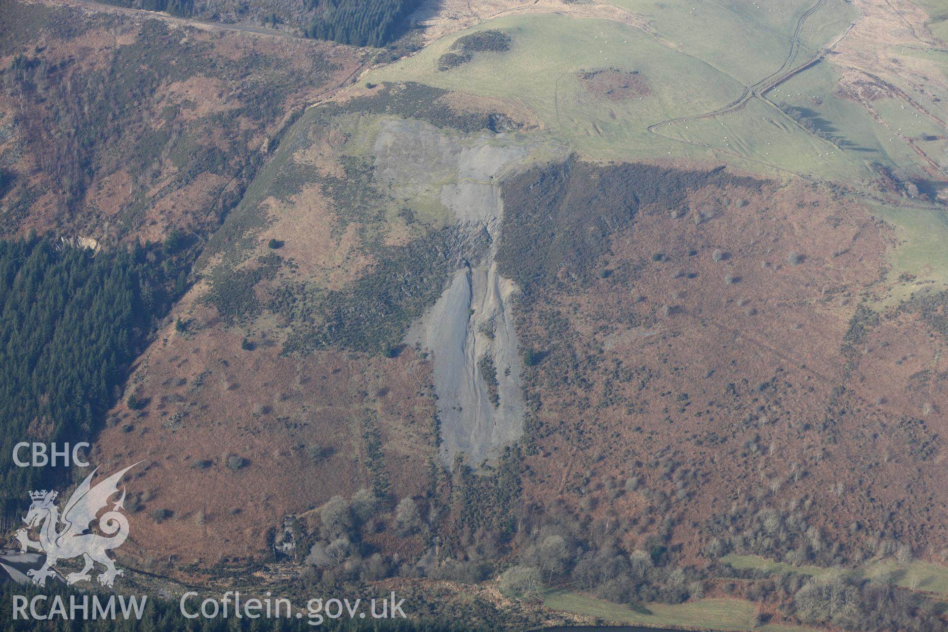 RCAHMW colour oblique photograph of Grogwynion Lead Mine, View from South over Ystwyth River. Taken by Toby Driver on 07/02/2012.