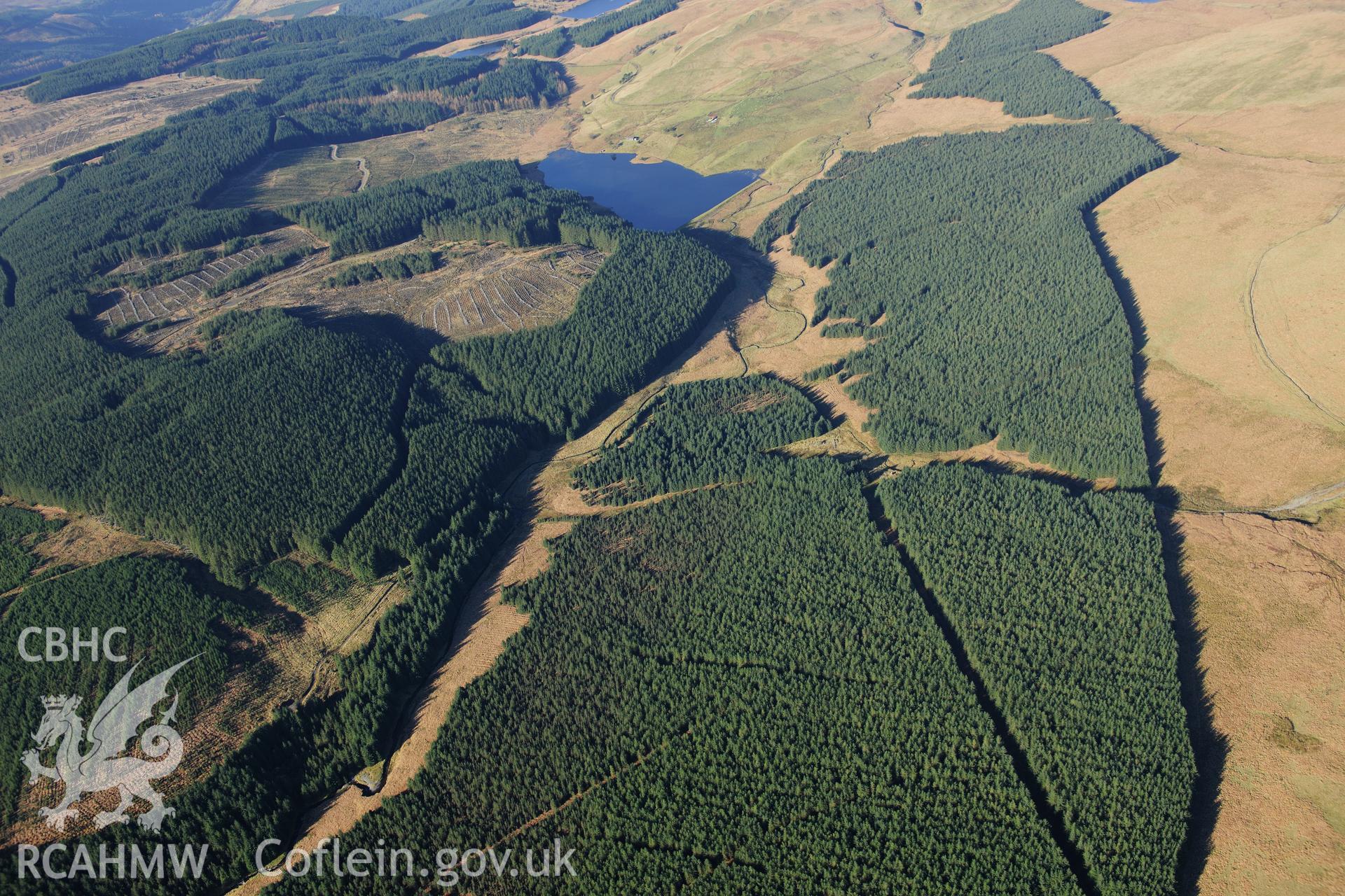 RCAHMW colour oblique photograph of Angler's Retreat and New Pool, upland landscape from south. Taken by Toby Driver on 05/11/2012.