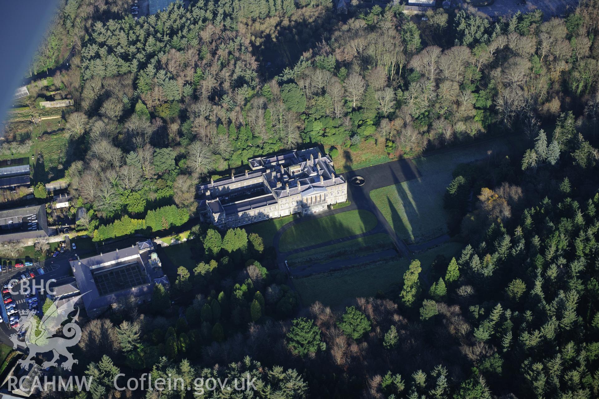 RCAHMW colour oblique photograph of Glynllifon mansion, in winter sunlight. Taken by Toby Driver on 10/12/2012.