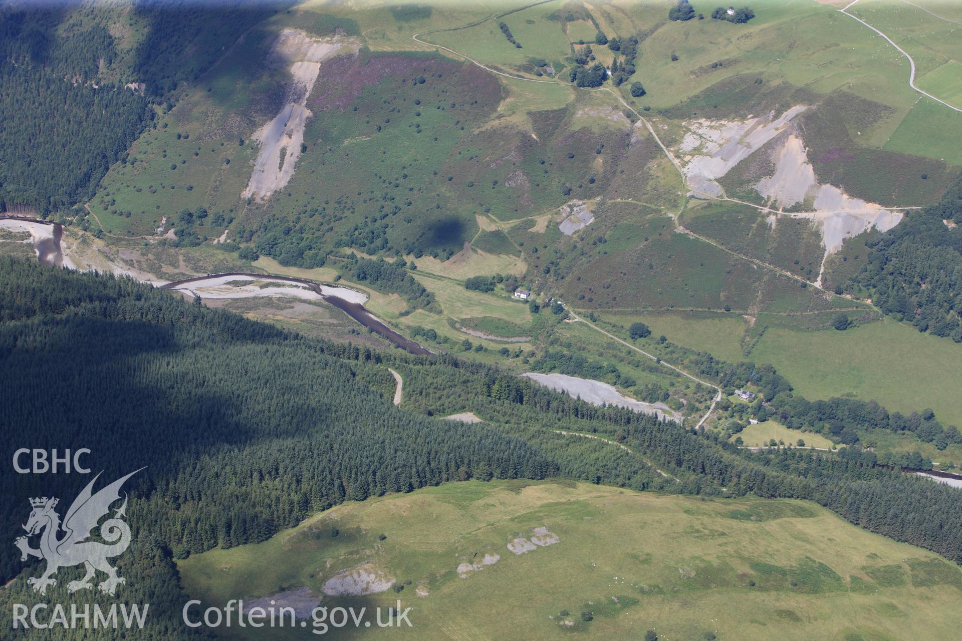 RCAHMW colour oblique photograph of Cwmystwyth leadmines and Geufron slate quarry (in forground), looking north-west towards Grogwynion leadmine. Taken by Toby Driver on 10/08/2012.