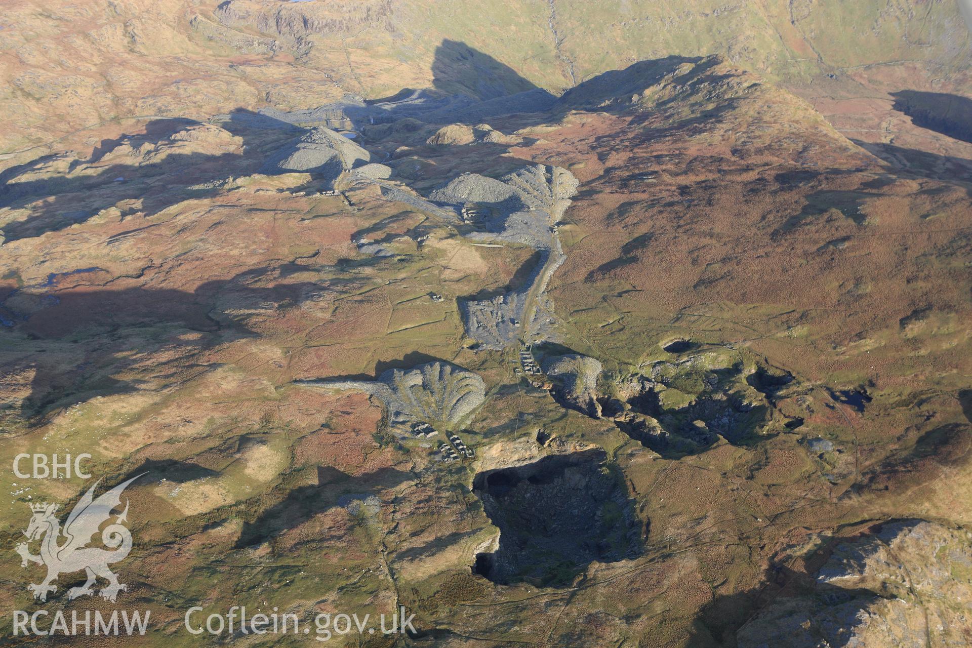 RCAHMW colour oblique photograph of Rhosydd slate quarry, panorama of upper workings. Taken by Toby Driver on 13/01/2012.