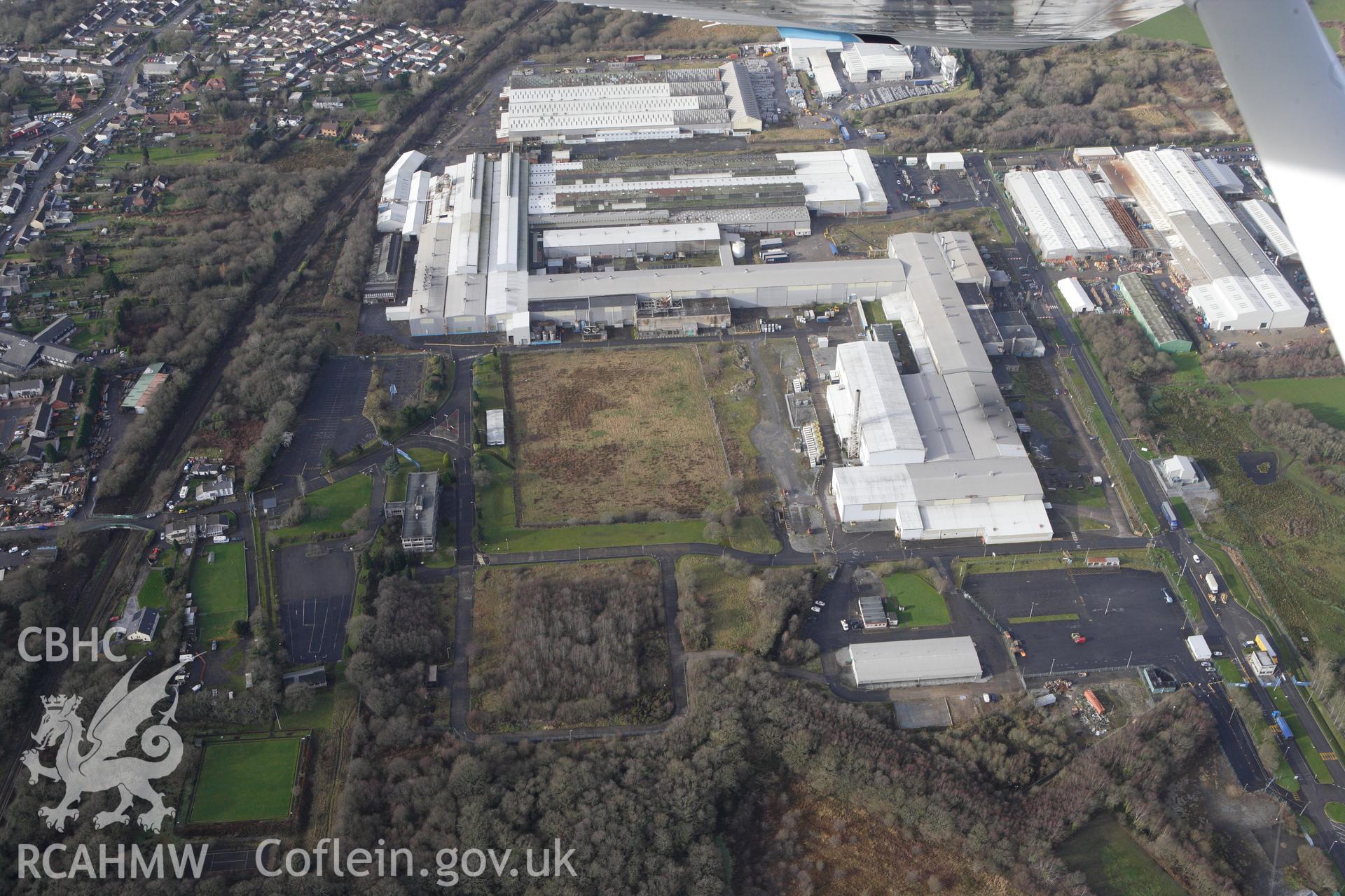 RCAHMW colour oblique photograph of ICI Metal Works (Alcoa Factory), Waunarlwydd, Gowerton. Taken by Toby Driver on 27/01/2012.