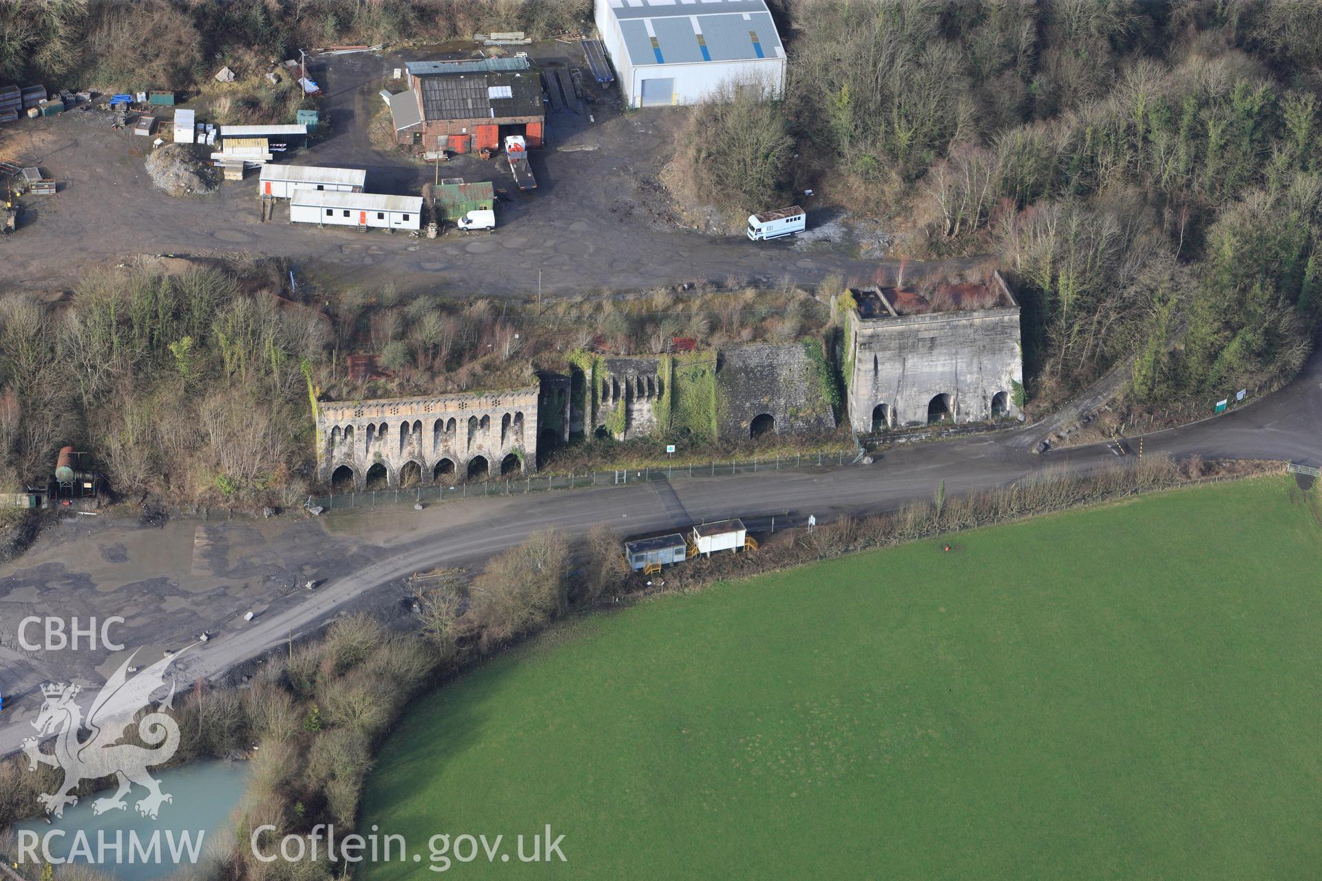RCAHMW colour oblique photograph of Cilyrychen Lime Kilns. Taken by Toby Driver on 27/01/2012.