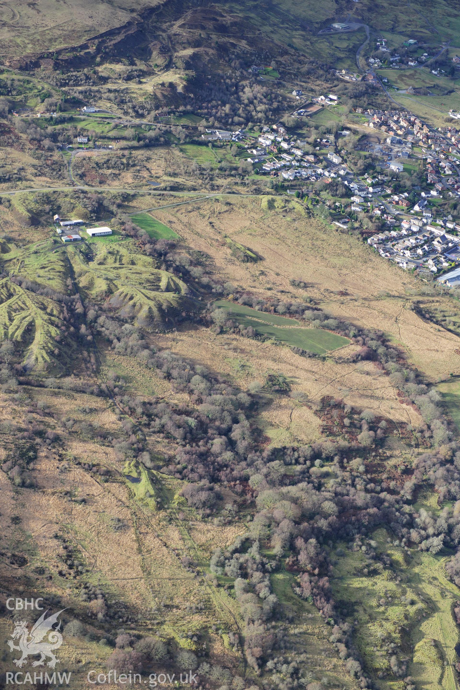 RCAHMW colour oblique photograph of Cwmdu Drift Mine, and industrial landscape. Taken by Toby Driver on 28/11/2012.