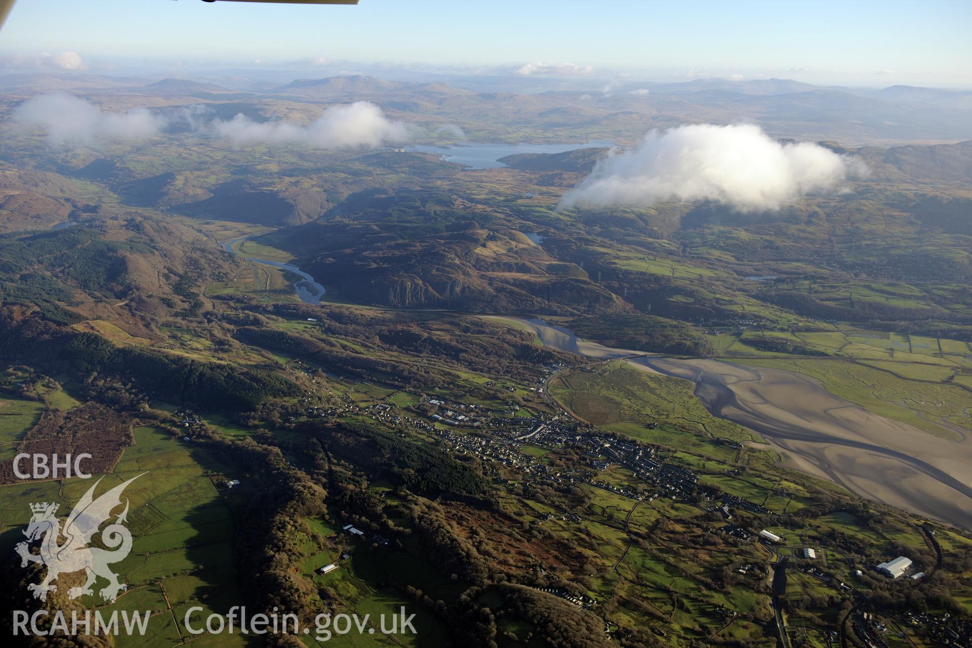 RCAHMW colour oblique photograph of Penrhyndeudraeth, and site of Cooke's Works, high landscape view. Taken by Toby Driver on 10/12/2012.