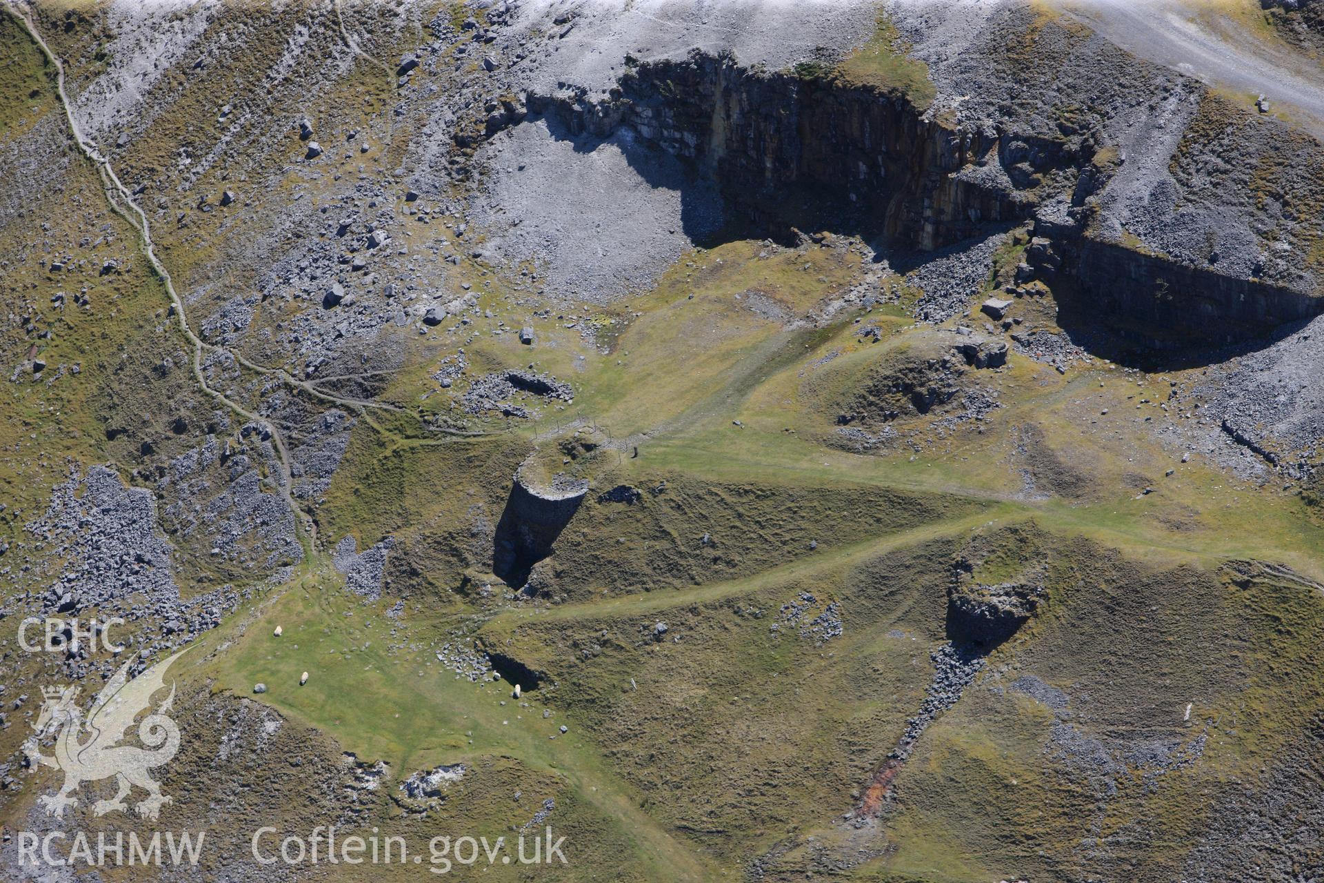 RCAHMW colour oblique photograph of Foel Fawr limeworkings, detail of kilns from west. Taken by Toby Driver on 22/05/2012.