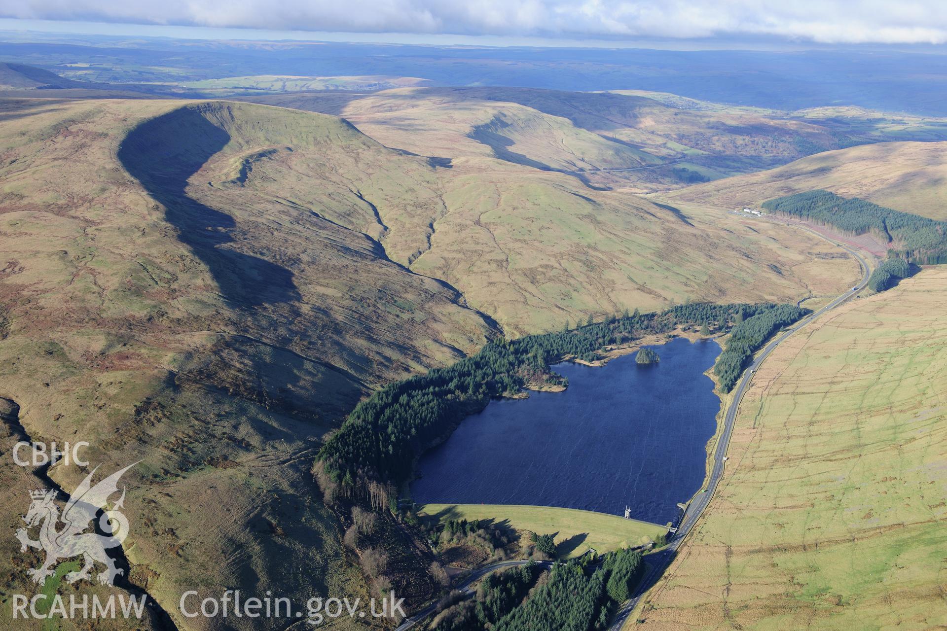 RCAHMW colour oblique photograph of Beacons Reservoir, upland landscape. Taken by Toby Driver on 28/11/2012.